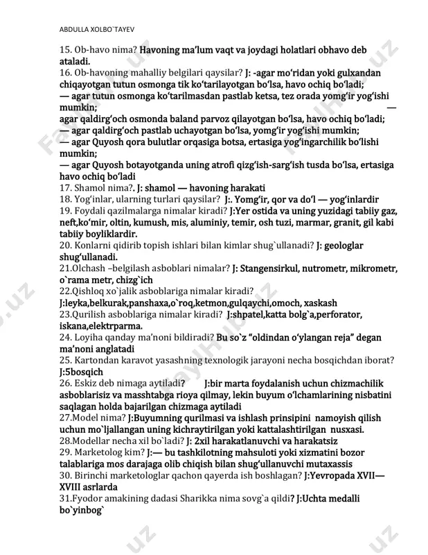 atlari nima?. j: suvning uch holati bor. 1.suv isiganda kengayadi, soviganda siqiladi va torayadi.2. muz 0 °c da eriydi, ya’ni suv 0 °c da qattiq holatdan suyuq holatga o‘tadi. 3.suv +100 °c da qaynaydi. 13. havo nima? havo bizga ko‘rinmaydi.bizga ko‘rinmaydigan havo turli gazlar va moddalardan tashkil topgan. havo tarkibida azot, kislorod, karbonat angidrid, suv bug‘i va boshqa moddalar bor. 14. havo harorati nima yordamida aniqlanadi? j: termometr yordamida abdulla xolbo`tayev 15. ob-havo nima? havoning ma’lum vaqt va joydagi holatlari obhavo deb ataladi. 16. ob-havoning mahalliy belgilari qaysilar? j: -agar mo‘ridan yoki gulxandan chiqayotgan tutun osmonga tik ko‘tarilayotgan bo‘lsa, havo ochiq bo‘ladi; — agar tutun osmonga ko‘tarilmasdan pastlab ketsa, tez orada yomg‘ir yog‘ishi mumkin; — agar qaldirg‘och osmonda baland parvoz qilayotgan bo‘lsa, havo ochiq bo‘ladi; — agar qaldirg‘och pastlab uchayotgan bo‘lsa, yomg‘ir yog‘ishi mumkin; — agar quyosh qora bulutlar orqasiga botsa, ertasiga yog‘ingarchilik bo‘lishi mumkin; — agar quyosh botayotganda uning …