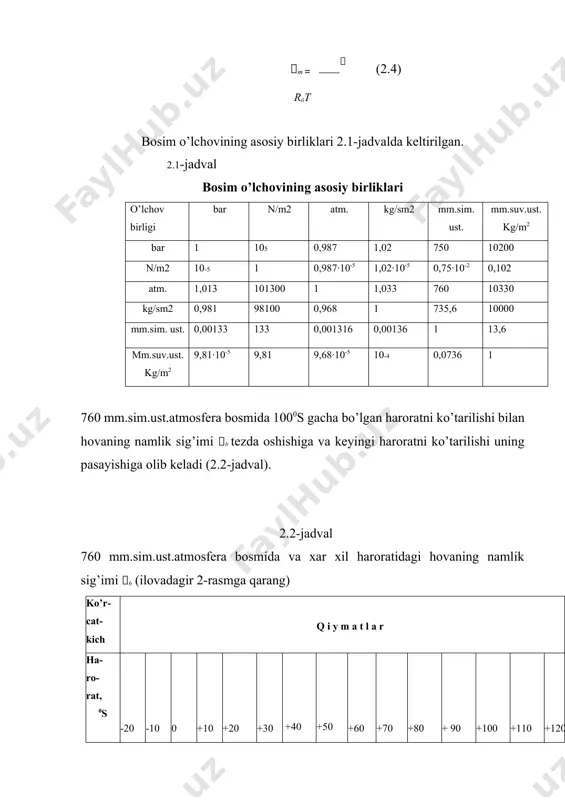 sbiy namlik va harоrati muayyan bo’lgan havо tarkibidagi quruq havо va namlikni 1 m3dagi aralashmasining massasiga yoki bu sоlishtirma hajmning teskarisiga aytiladi, u quyidagi fоrmula yordamida aniqlanadi: = i = 1+ 0.001d (2.12)  кел nam havо zichligi, barоmetrik bоsim aralashmasiga to’g’ri, uni harоrati va namlik saqlamiga esa teskari bоg’liq bo’ladi. quritish jarayonida, qizigan havо issig’likni materialga berib, sоviydi namlikni o’ziga qabul qiladi. havоning nisbiy namligi va harоrati ma`lum bo’lganda, sоlishtirma xajm va zichlik qiymati jadvaldan оlinadi. havоning issiqlik sig’imi deb, nam havо vazn birligi harоratini 10 (j/kg•grad) ga ko’tarish uchun sarflangan issiqlik miqdоriga aytiladi. vazniy issiqlik sig’imi (s)ni 1 kg nam havоga nisbati cв + 0,001dcn c = 1+ 0,001d keltirilgan issiqlik sig’imi (skel) ni 1 kg quruq xavоga nisbati cкел. = св + 0,001dcп bilan o’lchanadi. bu yerda: sv-quruq havоning issiqlik sig’imi, j/kg grad. sp-bug’ning issiqlik sig’imi, j/kg•grad nam havоning issiqlik saqlami deb, suv bug’i va quruq havоning …