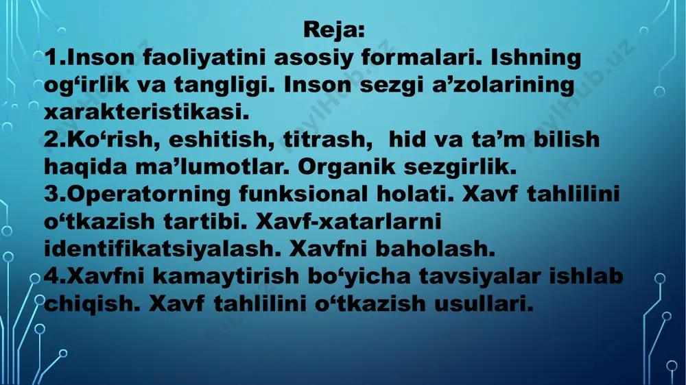 lizatorlari: insonning muvozanat va koordinatsiya qobiliyatini baholaydi. hid va ta’m bilish: kimyoviy moddalar bilan ishlashda muhim rol o‘ynaydi. . 4. organik sezgirlik: bu inson organizmining muayyan xavf-xatarlarga sezgirlik darajasidir. masalan, kimyoviy moddalar yoki radiatsiya ta'sirini qabul qilish sezgirligi individual xususiyatlarga bog‘liq. . 5. operatorning funksional holati: operatorning jismoniy va psixologik holati uning ishlash samaradorligiga ta'sir qiladi. charchoq, stress va boshqa salbiy omillar xavfsizlikka tahdid solishi mumkin. . 6. xavf tahlilini o‘tkazish tartibi: ishlab chiqarishda xavf-xatarlarni tahlil qilish uchun quyidagi bosqichlar bajariladi: xavfni aniqlash xatarlarni identifikatsiyalash xavfni baholash xavfni kamaytirish bo‘yicha tavsiyalar ishlab chiqish . 7. xavf-xatarlarni identifikatsiyalash: bu bosqichda ishlab chiqarish jarayonida qaysi xavflar mavjudligini aniqlash zarur. bu xavfli hodisalar, noto‘g‘ri ishlayotgan asbob-uskunalar, xodimlar xatti-harakatlari va boshqa omillarni o‘z ichiga oladi. . 8. xavfni baholash: xavflarning qanchalik og‘ir va ularning yuz berish ehtimoli qanday ekanini baholash lozim. bu jarayon xavfni kamaytirish choralarini aniqlashga yordam beradi. . 9. xavfni kamaytirish bo‘yicha …