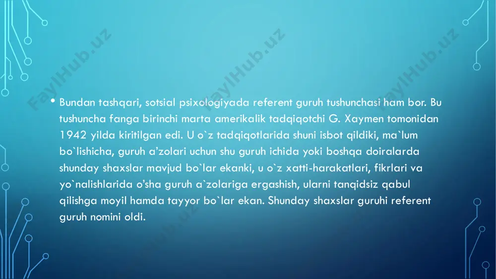 hki, bevosita psixologik munosabatlarni ta’minlovchi guruh hisoblanadi. https://azkurs.org/ozbekistonda-oila-pedagogikasi-fanining-rivojlanishi-tarixi-1.html https://azkurs.org/kichik-va-orta-guruhlarda-qurilish-va-kostruksiyalash-boyicha.html https://azkurs.org/huquqning-paydo-bolishi-mohiyati-belgilari-tizimi-va-manbalari.html • gruppaviy qarorlar qabul qilishda o’zaro ta’sir masalasi. guruhda odamlarning bir-birlarini yoqtirishlari yoki aksincha, inkor qilishlari ko’pincha turli xil qarorlar qabul qilish jarayonida ro’y beradi. gruppaviy qarorlar qabul qilish individual qarorlar qabul qilish jarayonidan tubdan farq qilmaydi. ikkalasida ham avval muammo aniqlanadi, ma’lumotlar to’planadi, bir nechta takliflar ilgari suriladi va nihoyat, eng ma’quli qabul qilinadi. lekin guruhda bu jarayon biroz boshqacharoq kechadi va nizolar ko’pincha aynan shu jarayon bilan bog’liq bo’ladi. amerikalik psixolog t. mitchellning fikricha, o’zaro ta’sir gruppa sharoitida quyidagi omillar vositasida ro’y beradi: https://azkurs.org/eurasian-journal-of-social-sciences-philosophy-and-culture-tar.html https://azkurs.org/eurasian-journal-of-social-sciences-philosophy-and-culture-tar.html • 1) ayrim a’zolar boshqalariga nisbatan ko’proq gapirishga moyil bo’ladilar; 2) yuqoriroq mavqega ega bo’lgan shaxslar qarorlar chiqarish jarayonida ham boshqalarga tazyiq o’tkazishadi; 3) guruhda ko’p vaqt o’zaro fikrlardagi kelishmovchiliklarning oldini olishga ketib qoladi; 4) guruhda ayrim odamlar ta’sirida asosiy maqsaddan chetlash va maqsadga nomuvofiq qarorlar qabul qilish hollari kuzatiladi; 5) barcha a’zolar …