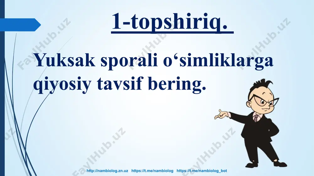 a o`tishi. --- haqiqiy gulning hosil bo`lishi; --- qo`shurug`lanish; --- urug`ning meva ichida yetilishi. http://nambiolog.zn.uz https://t.me/nambiolog https://t.me/nambiolog_bot hayot sikli --- urug`dan o`simlikni unib chiqishi; --- rivojlanishi; --- changchli va urug`chili qubbalarning hosil bo`lishi; --- changlanishi; --- urug`lanish; ---qubbamevaning hosil bo`lishi va ularda urug`larning ochiq holda yetilishi. --- urug`dan o`simlikning unib chiqishi; --- rivojlanishi; --- gul hosil qilishi; --- changlanishi; --- qo`shurug`lanishi; --- meva hosil bo`lishi; --- urug`ning meva ichida yopiq holda yetilishi. vakillari archa, qarag`ay, qoraqarag`ay, saur, sekvoyadendron. chinor, nastarin, shuvoq, g`o`za, o`sma, beda; ushbu rasmda qanday jarayon tasvirlangan? http://nambiolog.zn.uz https://t.me/nambiolog https://t.me/nambiolog_bot tirik organizmlarning jinsiy ko`payish usullari. 1. izogamiya; 2. geterogamiya; 3. oogamiya. http://nambiolog.zn.uz https://t.me/nambiolog https://t.me/nambiolog_bot berilgan rasmda qanday jarayon tasvirlangan? http://nambiolog.zn.uz https://t.me/nambiolog https://t.me/nambiolog_bot yo`sinlarning hayotiy sikli aks etgan. http://nambiolog.zn.uz https://t.me/nambiolog https://t.me/nambiolog_bot laboratoriya mashg‘ulotining maqsadi: evolutsiyaning turli yo‘nalishlarini, o‘simlik dunyosidagi aromorfoz, idioadaptatsiyalarni hamda ularning ahamiyatini o‘rganish. http://nambiolog.zn.uz https://t.me/nambiolog https://t.me/nambiolog_bot laboratoriya jihozlari: yo‘sin, qirqquloq, qirqbo‘g‘im, archa, qarag‘ay, gulli o‘simliklarning gerbariylari, rasmlari …