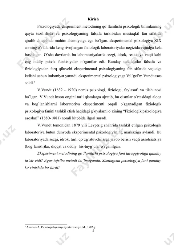 vundt nemis psixologi, fiziologi, faylasufi va tilshunosi eksperimental psixologiya taraqqiyotida ayniqsa nemis fiziologi va psixologi vilgelm vundt (1832-1920 y.)ning ishlari katta aham iyatga ega bo’ldi. vundtgacha faqat ichki tajribadan va oz-o’zini kuzatishdan foydalanib kelgan psixologiya faqatgina tasviriy fan edi. vundt eksperiment va o’lchash metodlarini zarur deb topib, psixologiyani izohli fanga aylantirishni maqsad qilib quydi. vundt psixologiya uchun klassik metodlar bo’lib qolgan bir qancha metodlarni, ya`ni kuzgatish metodi, ifodalash metodi va reakciya metodlarini kashf etdi ham da rivojlantirdi. vundt 1879 yili leypsigda birinchi eksperimental psixologiya laboratoriyasini tashkil qildi. oradan kup vaqt o’tmasdan (1881 y.) u berlin universiteti xuzurida eksperimental psixologiya institutini tashkil qildi. vundt shug’ullangan masalalardan biri usha vaqtda astronomlar tomonidan ochilgan diqqatni bir vaqtda ikkita xar xil kuzgatkichga to’plash mumkin emasligi xaqidagi masala edi. bu xodisani aniqlash uchun vundt (laboratoriya tashkil qilingunga qadar) 1861 yilda aloxida mayatnik ish uylab chiqardi (vundt mayatnigi). bu mayatnik graduslarga bo’lingan yoy atrofida xarakatlanadi va …