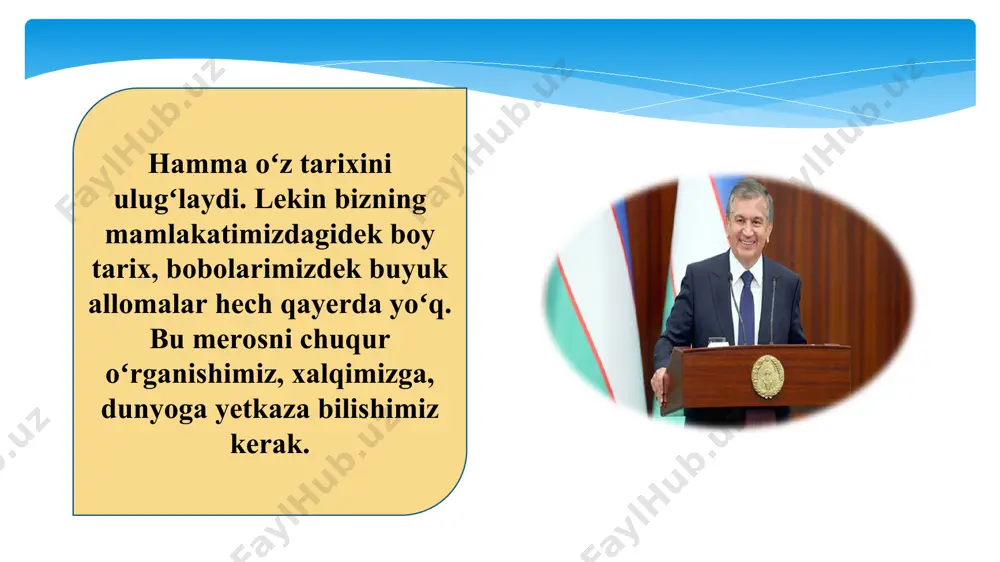 izning eng qadimgi davrdan to hozirgi kunimizgacha bo’lgan siyosiy, ijtimoiy, iqtisodiy, madaniy, manaviy tarixini o’rganish bu – o’zbekiston tarixining … dir. a) obekti b) subyekti c) predmeti d) to’g’ri javob yo’q 5. aniq tarixiy davr, makon, zamon va geografik mintaqaviy chegaralar, malum bir millat, xalq, mamlakat tarixi tarixi bilan bog’liq, malum hudud doirasidagi voqea va hodisalarni bir butun va yaxlitlikda oladigan narsa bu tarixi fanining … dir? a) obekti b) subyekti c) predmeti d) to’g’ri javob yo’q mustahkamlash uchun testlar 6. “tadqiqot olib boorish usullari haqidagi fan” manosini beruvchi “metodologiya” so’zi qaysi tildan olingan? a) lotin b) yunon c) ingliz d) rus 7 . tarixni o’rganishni qaysi tamoyili voqea-hodisani o’z davrining aniq tarixiy sharoitidan, o’sha davr muhitidan, tarixiy rivojlanish jarayonidan kelib chiqgan holda o’rganishni taqozo etadi? a) ijtimoiy yondashuv tamoyili b) tarixiylik tamoyili c) vorisiylik tamoyili d) xolisonalik tamoyili 8. tarixiy voqea, hodisalarni o’rganish, tahlil qilish va yoritishda qaysi tamoyil …