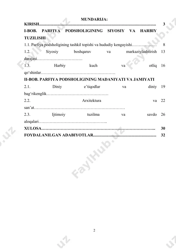 lardan ajratib turadi. parfiya podsholigi o‘zining markazlashmagan boshqaruv tizimi, kuchli otliq qo‘shinlari va diplomatik mahorati bilan ajralib turgan. ushbu davlat o‘zining harbiy muvaffaqiyatlari bilan ko‘plab qudratli imperiyalarga, jumladan rim imperiyasiga qarshi tura oldi. rim-parfiya urushlari qadimgi tarixda yirik voqealardan biri hisoblanadi. parfiya podsholigi bu janglarda g‘alabalarni ham, mag‘lubiyatlarni ham boshidan kechirdi, biroq har holda mustaqilligini saqlab qolishga muvaffaq bo‘ldi. parfiya davlatining siyosiy tuzilishi va harbiy tizimi o‘z zamonasi uchun o‘ziga xos va innovatsion bo‘lib, tarixiy taraqqiyot jarayonida muhim iz qoldirdi. ularning markaziy hokimiyat va yarim mustaqil viloyatlar o‘rtasidagi murakkab munosabatlari zamonaviy federativ tizimlarga o‘xshash bo‘lgan. parfiya hukumati har bir hududning o‘ziga xosligini saqlab qolishga imkon bergan va shu orqali mahalliy ijtimoiy-iqtisodiy taraqqiyotni qo‘llab-quvvatlagan. shu bilan birga, parfiya otliq qo‘shinlarining harbiy mahorati va taktikalari keyingi davr harbiy san’atiga ham katta ta’sir ko‘rsatdi. ayniqsa, “parfiya zarbasi” deb ataluvchi orqaga otgan holda kamon otish usuli dunyo harbiy tarixida mashhur bo‘lib qolgan. parfiya podsholigi …