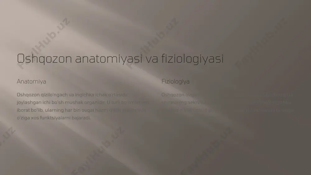 lari helicobacter pylori infektsiyasini aniqlash, oshqozon kislotaliligini baholash, qon testi. 6 oshqozon yarasini konservativ davolash antibakterial terapiya antibiotiklar va proton pompasi inhibitörleri kombinatsiyasi yordamida helicobacter pylori ni yo'q qilish. proton pompasi inhibitörleri oshqozon kislotasining sekretsiyasini kamaytirish yarani davolash va qaytalanishning oldini olish. antatsidlar va h2 blokerlari semptomlarni engillashtiradi va kislotani neytrallash orqali davolanishni tezlashtiradi. 7 oshqozon yarasini jarrohlik yo'li bilan davolash ko'rsatkichlar takroriy yaralar, asoratlar (teshilish, qon ketish, obstruktsiya), konservativ davo ta'sirining yo'qligi. usullari oshqozonning bir qismini rezektsiya qilish, vagotomiya, piloroplastika oshqozon kislotaliligini kamaytirishga qaratilgan. 8 oshqozon yarasi va oshqozon eroziyasining oldini olish balansli ovqatlanish achchiq, yog'li, nordon ovqatlardan saqlaning. sabzavot va mevalarni iste'mol qilishni ko'paytiring. chekishni tashlash chekish oshqozon yarasi va eroziya rivojlanish xavfini oshiradi. stressni boshqarish muntazam mashqlar, meditatsiya va dam olish usullari stressni kamaytirishga yordam beradi. 9 xulosa va tavsiyalar 1 integratsiyalashgan yondashuv samarali davolash dori terapiyasi, turmush tarzini o'zgartirish va relapsning oldini olishning kombinatsiyasini talab qiladi. …