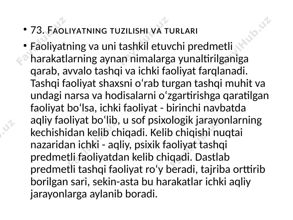 . unga ilgari sarflangan resurslarni bekor qiladigan qaror qabul qilish qiyinroq. 78.mᴏᴛɪᴠᴀᴛsɪʏᴀɴɪɴɢ ᴘsɪxᴏʟᴏɢɪᴋ ᴀsᴏsɪ ko‘pchilik psixologlar fikricha, motivatsiya muammosi shaxs psixologiyasining markaziy muammosidir. shaxs psixologik tuzilishining butunligi, xulq-atvor va uni harakatga keltiruvchi kuchlar o‘rtasidagi aloqadorlik motivatsiya muammosini o‘rganishda tizimli yondashuvni qo‘llash uchun keng imkoniyat yaratib beradi. xorij psixologlaridan neofreydistlar hisoblanmish a.adler, k.yung kabilar tomonidan ilgari surilgan motiv va motivatsiya borasidagi nazariyalarga asosiy e'tiborni qaratamiz. a.adlerning fikricha, insonni harakatga undovchi asosiy kuch uning faoliyati maqsadini aniqlovchi, ularga erishish yo‘llari manbai hisoblanadi. 79.mᴜʟᴏǫᴏᴛ ᴠᴀ ɴᴜᴛǫ ʜᴀǫɪᴅᴀ ᴛᴜsʜᴜɴᴄʜᴀ. mᴜʟᴏǫᴏᴛ ᴛᴜʀʟᴀʀɪ muloqot - odamlarning birgalikdagi faoliyatlari ehtiyojlaridan kelib chiqadigan turli faolliklari mobaynida bir-birlari bilan o‘zaro munosabatlarga kirishish jarayonidir. ya’ni, har bir shaxsning jamiyatda bajaradigan faoliyatlari (mehnat, o‘qish, o‘yin, ijod qilish va boshqalar) o‘zaro munosabat va o‘zaro ta’sir shakllarini o‘z ichiga oladi. chunki har qanday ish odamlarning bir-birlari bilan til topishishni, bir-birlariga turli xil ma’lumotlarni uzatishni, fikrlar almashinuvi kabi murakkab hamkorlikni talab qiladi. shuning uchun …