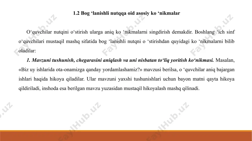 voqea-hodisalarni kuzatishi natijasida olgan tushunchalarini aniqlash va ularni bir tizimga solish maqsadida o ‘tkaziladi. tarbiyachi bolalar bilan suhbatni tashkil etar ekan, u bolalarga haqiqatni to ‘liq va chuqur idrok qilishga yordam beradi, ularning diqqatini tushunish qiyin bo ‘lgan voqeahodisalarga jalb qiladi. suhbat mashg ‘ulotida bola ilgari ko ‘rgan, kuzatgan voqea va hodisalarni qaytadan esga tushiradi, mantiqiy fikr yuritadi, tahlil va muhokama qiladi xulosa bog‘lanishli nutqqa oid asosiy ko‘nikmalar quyidagilardan iborat: 1. tinglash ko‘nikmalari: • faol tinglash: so‘zlovchiga diqqat bilan e’tibor berish, tana tilini ishlatish (ko‘z bilan aloqa qilish, bosh irg‘ish), so ‘zlovchini qo‘llab-quvvatlash (qisqa javoblar bilan, “ha”, “tushunarli”). • tushunishga harakat qilish: gapning ma’nosini anglash, so‘zlovchining nuqtai nazarini tushunishga urinish. • savollar berish: agar biror narsa tushunarsiz bo‘lsa, aniqlashtiruvchi savollar berish. • xulosa qilish: suhbat oxirida asosiy fikrlarni qayta takrorlash, o‘z tushunchasini namoyish etish. 2. gapirish ko‘nikmalari: • fikrlarni aniq ifoda etish: o‘z fikrini, g‘oyasini, his-tuyg‘ularini aniq va ravon bayon …