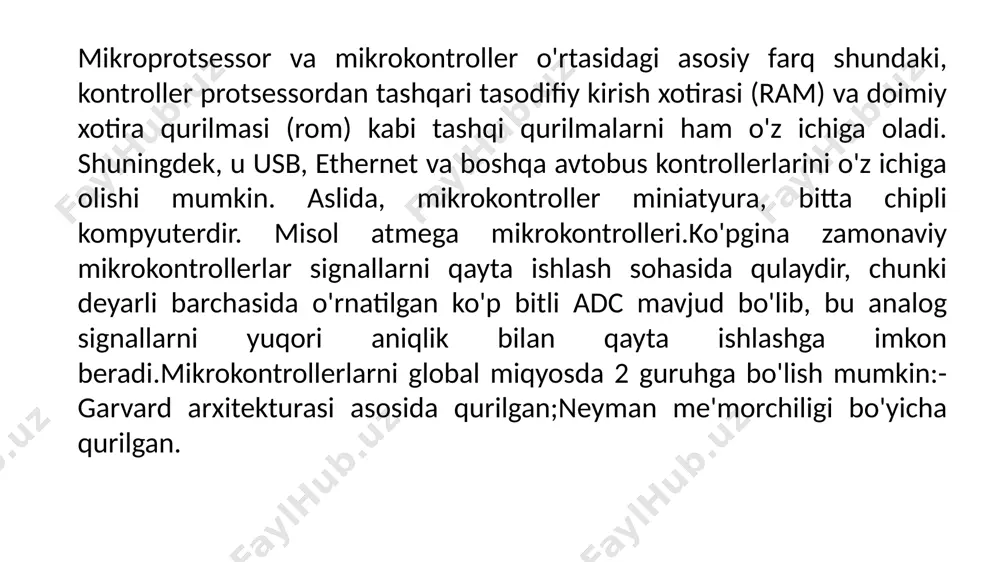 chasining konvertatsiya qilinadigan kuchlanishini juda aniq nazorat qilish imkonini beradi, bu esa kuchlanish dasturlashtirilgan chegara chegaralaridan tashqariga chiqqanda uzilishni keltirib chiqaradi. taymerlar tomonidan ishlab chiqarilgan hodisalar acp kirishiga o'rnatilishi va uning ishlashiga olib kelishi mumkin, bu esa transformatsiyalar va vaqtinchalik hodisalarni sinxronlashtirishga imkon beradi.stm32f37x mikrokontroller seriyasida bitta 12 bitli sar acp mavjud. acp 1 megasample tezlikda ishlaydi va 16 tagacha tashqi kirish kanaliga ega.bundan tashqari, stm32f37x mikrokontroller seriyasida yuqori aniqlikdagi sigma-delta acp— sdadc (sigma delta analog-to-digital converters) mavjud.ushbu seriyadagi mikrokontrollerlar uchta 16 bitli sdadc adc ni o'z ichiga oladi. ular alohida ta'minot kuchlanishiga ega, bu esa kontrollerning quvvat tebranishlaridan mustaqil ravishda ishlashga imkon beradi. acp sigma deltasida 21 ta analog kirish mavjud. kirishlar nosimmetrik yoki differentsial rejimlarda ishlash uchun sozlanishi mumkin. konvertatsiya tezligi bir nechta kanallarni o'zgartirganda har bir sd acp uchun sekundiga 16,6 ming transformatsiyaga va bitta konvertatsiya uchun sekundiga 50 ming transformatsiyaga etadi.sd acp ikkita rejimni qo'llab-quvvatlaydi: bitta …