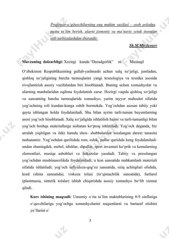 och hisoblanib, u zavodlarda, paravoz va kemalarda, uy-joylarni isitishda qo’llanilgan. hozirgi kunda esa yog’och o’z o’rnini toshko’mir, neftь va gazga bergan, bunga sabab turli xom-ashyolarni yoqilg’i sifatida ishlatishda har xil miqdorda mablag sarflanadi. daraxtni kurilish materiali sifatida ishlatish hozirgi kungacha o’z salohiyatini yo’qotgani yo’q. taxminan tayyorlanadigan yog’ochning 75 % i taxta va kurilishda ishlatilinadigan boshqa materiallar (standartdagi uylar, kema, vagon, mebelь va gugurt) sifatida qo’llaniladi. yog’ochning ko’zlangan maqsadda qo’llanilmaydigan qismidan o’tin tayyorlanadi. yog’ochni tayyor mahsulot holatga kelturgunga qadar chiqindilar (xoda, qipiq, payraxa va tarasha) miqdori ham ortib boradi. har xil chiqindilardan foydalanish yog’ochni kimyoviy qayta ishlash soxasining asosiy vazifasi hisoblanadi. lekin shuni aytish joizki, xatto kimyoviy qayta ishlanganda ham qo’shimcha mahsulotlar ajralib chiqadi. yog’ochni kimyoviy qayta ishlashning asosiy usuli bu- sulьfat va sulьfit usullar yordamida tsellyuloza olishdir. qolgan usullar ikkinchi darajali hisoblanadi. kimyoviy usuldan tashqari mexanik usul bilan yog’ochdan yarim tsellyuloza, yog’och massasi, qalin qog’oz va boshqa tolali materiallar olinadi. …