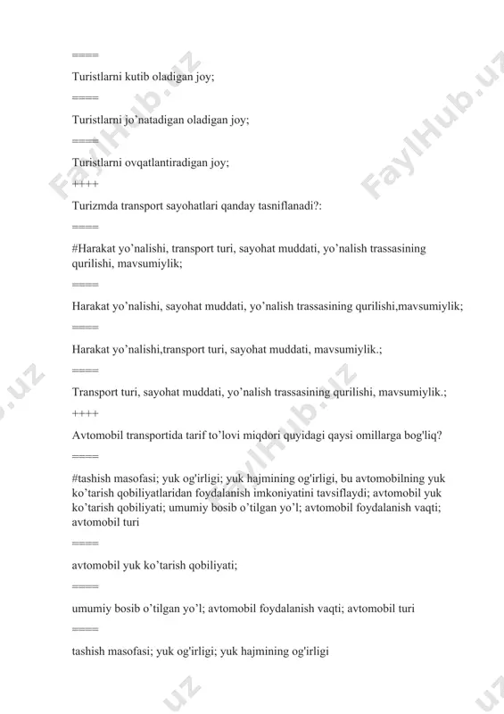 i avtobus nomini toping? ==== # «kornet» ==== «gazel» ==== «ikarus» ==== «bova» ++++ «2 yulduzli» avtobuslarga qanday talablar qo’yilgan? ==== # qisqa masofalarga ichki va xalqaro turizmni amalga oshirishda ishtirok etuvchi transport vositalari toifasiga mansubdir. ==== shahar bilan tanishtirish ekskursiyalari handa mahalliy mansub avtobuslar. ==== uzoq masofaga va uzoq muddatli turistik marshrutiarda foydalaniladi. ++++ avtomobillarni ijaraga berish goyasi xx asr boshida qayerda paydo bo'lgan? ==== # aqshda. ==== yevropada. ==== rossiyada. ++++ "o'zbekiston havo yo'lari" qachon tashkil etilgan? ==== # 1992-yil 28-yanvarda. ==== 1994-yil 22-fevralda. ==== 1996-yil 3-mayda. ==== 1997-yil s-avgustda. ++++ turistik xizmat ko rsatishda foydalaniladigan avtomobil xizmati nechta asosiy yo'nalishni o'zida mujassamlashtiradi? ==== # uchta ==== to'rtta ==== ikkita ==== beshta. ++++ insonning jismoniy kuchi bilan amalga oshiriladigan tashishlar va harakatlanishlar (piyoda, chang'ida, velosipedda, rikshalar); hayvonlar yordamida (ulovli, tuyada, otda, itlarda) mexanik vositalar bilan; atomobil transportida (g'ildirakli, zanjirli,); relsli transport - temir yollar, metro, tramvay, kanatli yo'llar; …