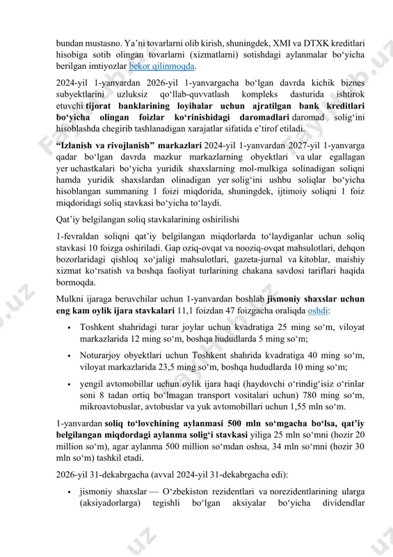 mdan kam bo‘lmagan) miqdorda oshdi (avval 5 foiz, lekin kamida 5000 so‘m edi). gips toshi, gips va angidrid, ganch bo‘yicha stavkalar alohida moddaga, 5 foiz stavkada, lekin bir tonna uchun 14,5 ming so‘mdan kam bo‘lmagan (uch baravar ko‘p) miqdorda kiritilgan. g‘isht va kafel xomashyosi, qurilish qumi, qum-shag‘al aralashmasidan foydalanganlik uchun soliq stavkasi 12 foizga — 5 foiz, lekin 4200 so‘mdan kam bo‘lmagan miqdorgacha oshiriladi. o‘zbekistonda mineral resurslarni qazib oluvchi kompaniyalar uchun yana bir imtiyoz joriy etilmoqda, avvalroq bunga deputat doniyor g‘aniyev qarshi chiqqani haqida yozgandik. 2024-yil 1-yanvardan 2025-yil 31-dekabrgacha metallar va uglevodorodlarni qazib olishni boshlagan korxonalar metallar va uglevodorodlarni qazib olish bo‘yicha faoliyatning butun davri uchun, ya’ni butunlay foydali qazilmalarni qazib olganlik uchun maxsus renta solig‘idan ozod etiladi. shu bilan birga, davlat ulushi ustun bo‘lgan korxonalar uchun barcha konlar, shu jumladan, yangi konlar bo‘yicha yer qa’ridan foydalanganlik uchun soliq quyidagi stavkalarda belgilanadi: navoiy kon-metallurgiya kombinati (nkmk), olmaliq kon-metallurgiya kombinati (okmk) …