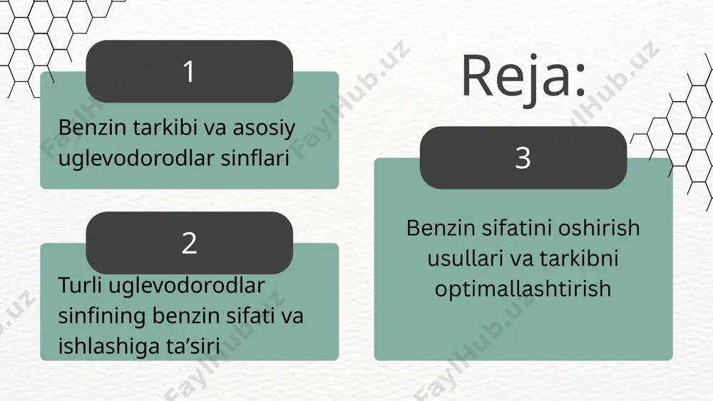 i. alkanlar (tarmoqlangan tuzilma) — yuqori oktan soni, dvigatel uchun foydaliroq. izomer alkanlar eng yuqori oktan soniga ega, yonishni sekinlashtirib, detonatsiyani kamaytiradi. aromatiklar ham yuqori oktan soni beradi, ammo barqarorlik jihatidan sustroq. olefinlar (alkenlar) to‘g‘ri zanjirli alkanlar — to‘liq yonmasligi mumkin, bu dvigatelning ishdan chiqishiga sabab bo‘ladi. b) yonish samaradorligi va dvigatelga ta’siri yuqori energiya ajratadi, ammo to‘liq yonmasligi muammoli. aromatik uglevodorodlar barqaror yonish va energiya ajralishini ta’minlaydi. tarmoqlangan uglevodorodlar dvigatelni ishonchli ishlashiga, chiqindi gazlar miqdorining kamayishiga olib keladi. samarali yonish aromatiklar — yonishdan keyin zaharli gazlar (benzol, toluol) chiqaradi. c) ekologik ko‘rsatkichlarga ta’siri oksidlovchi muhitda zaharli moddalar hosil qilishi mumkin. alkenlar ekologik jihatdan nisbatan xavfsizroq. tarmoqlangan alkanlar yuqori sifatli benzin kam uglerod oksidi, azot oksidlari va boshqa zararli gazlar chiqaradi. benzin sifati — uning tarkibidagi uglevodorodlarning turi, nisbatlari va aralashmalarga bog‘liq. sifatli benzin yuqori oktan soni, to‘liq yonish, past zararli gazlar ajralishi va dvigatelni himoya qiluvchi xossalarga ega bo‘lishi …