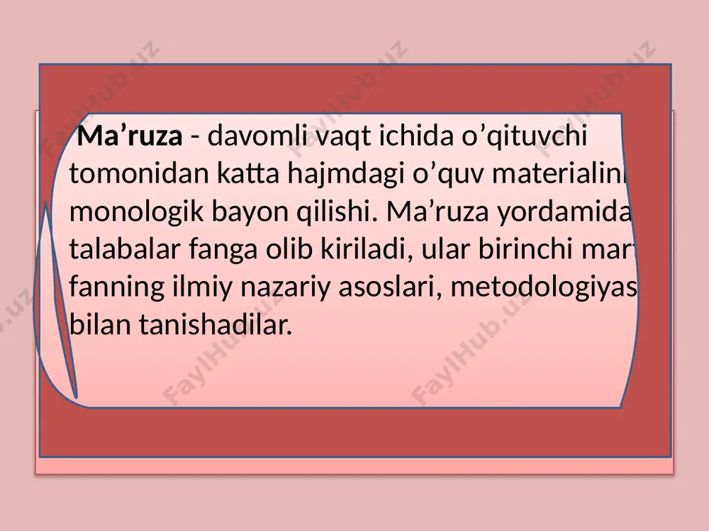 tuzishning ikki usuli mavjud: induktiv usul-xususiydan umumiyga deduktiv usul-umumiydan xususiyga . bayonning xotima qismida bayon etilgan materialning asosiy joylarini yana bir bor aytib utish, eng muhim joylariga o’quvchilar e’tiborini qo’shimcha ravishda qaratish, asosiy xulosani takrorlash kerak e’tiboringiz uchun rahmat /docprops/thumbnail.jpeg