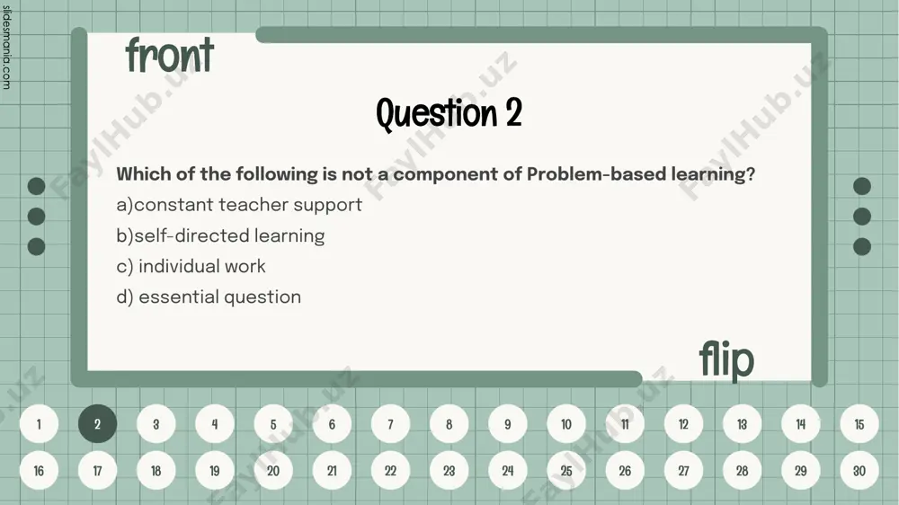 t you want to do class research on e.g., favourite music, family, ambitions etc. write a questionnaire with 4 questions and give it to 10 classmates to fill in. read the completed questionnaires and write a short report of your findings. a)grammar translation method b)task-based language teaching c)problem-based learning d)text-based learning 11 front flip 1 2 3 4 5 6 7 8 9 10 11 12 13 14 15 16 17 18 19 20 21 22 23 24 25 26 27 28 29 30 question 12 task-based learning usually starts with input from reading or listening. the learners are then required to complete the task through _______________ a)grammar and vocabulary b)reading c)listening d)speaking and writing 12 front flip 1 2 3 4 5 6 7 8 9 10 11 12 13 14 15 16 17 18 19 20 21 22 23 24 25 26 27 28 29 30 question 13 …