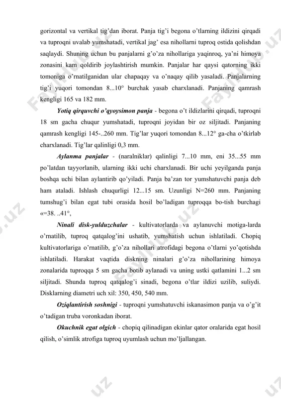 tonlanib tayyorlangan tekis maydonchada chizilgani maqul. traktor shab-lon ustiga chiqarilib, gryadil ishchi qismlar rasmda ko’rsatilganidek o’rnatiladi. vertikal tekislikda tishlar har bir gryadilda alohida-alohida o’rnatiladi. shu maqsadda, gryadil g’ildirakchasining ostiga qalinligi tish-larni tuproqqa maksimal botirish chuqurligiga teng bo’lgan taglik qo’yiladi.ishchi qismlarni kerakli chuqurlikka o’rnatishda gryadil bo’ylama gorizontal holatda bo’lishi lozim. bunga parelllogramli mexanizm ustki tortqisining uzunligini o’zgartirish orqali erishiladi. tishning uchi g’ildirakcha tegib turgan sathga nisbatan berilgan chuqurlikka tushirilib, uning ustuni qulf yordamida mahkamlanadi. ishchi qismlar shablon yordamida joylashtirilgan agregatning ishi da- lada tekshirilib ko’riladi va zarur bo’lsa, o’zgartirishlar kiritiladi. gryadilga ishchi qismlar muayyan ketma-ketlikda o’rnatiladi. birinchi qatorda yulduzcha yoki disklar o’rnatiladi. rotasion yulduzcha-lar g’o’za qatori o’qiga eng yaqin masofada (3...5 sm) qo’yilib, himoya zonasini keskin toraytirish imkoniga ega bo’linadi. birinchi kultivasiyada yulduzcha 3...5 sm, keyingilarida 5...8 sm chuqurlikka o’rnatiladi. tuprog’i zich bo’lgan yerlarni kultivasiya qilishda rotasion yulduzcha-lar o’rniga sferik disklar ishlatilgani maqul, chunki ular o’tkir tig’i bilan zich yerni tilib, …