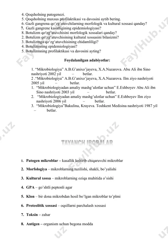 tet organizmga anatoksin yuborilganidagina yuzaga keladi. profilaktikasi. jarohatlarni yaxshilab tozalash, vodorod peroksidi bilan yaxshilab yuvish, jarohatning ifloslangan qismlarini yaxshilab kesish, asboblarni to‘liq sterilizatsiya qilish, shaxsiy gigiyena qoidalariga rioya qilish lozim. maxsus profilaktikasida gazli gangrena qo‘zg‘atuvchilarining barcha turini saqlovchi adsorbsiyalangan polianatoksini qo‘llaniladi. seroprofilaktika bo‘yicha odam jarohat olganda gazli gangrenaga qarshi zardob: 10000 me c.perfringens, c.novyi, c.septicum, ya’ni hammasi bo‘lib 30 000 me da yuboriladi. shuningdek, anaeroblarning fag aralashmasi ham keng qo‘llaniladi. davosi. maxsus davosida har bir turning antitoksik zardobidan 50000 me, hammasi bo‘lib 150000 me yuboriladi. zardob vena ichiga yuboriladi. shuningdek, antibiotiklardan penitsillin va sulfanilamid preparatlari, oksigenoterapiya belgilanadi. botulizm qo‘zg‘atuvchisi clostridium botulinum (lotincha botus — kolbasa) 1896-yili van-ermengen tomonidan aniqlangan. morfologiyasi. тayoqchasimon, uchlari yumaloq. тayoqchasimonlar polimorf bo‘lib, qisqa va iрsimon shakllari uchrab turadi. spora hosil qiladi, subterminal holda joylashadi. spora tayoqchadan katta bo‘lganligi sababli ularga tennis raketkasi shaklini berib turadi. kapsulasi yo‘q. harakatchan, xivchinlari peretrix joylashgan. yosh kulturalar gram musbat bo‘lib …