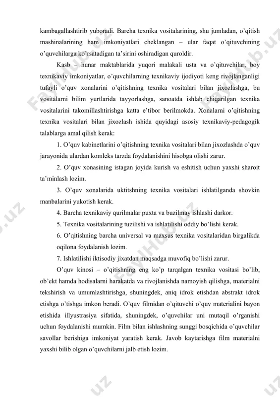iq bo’lishi zarur. o’quv kinosi – o’qitishning eng ko’p tarqalgan texnika vositasi bo’lib, ob’ekt hamda hodisalarni harakatda va rivojlanishda namoyish qilishga, materialni tekshirish va umumlashtirishga, shuningdek, aniq idrok etishdan abstrakt idrok etishga o’tishga imkon beradi. o’quv filmidan o’qituvchi o’quv materialini bayon etishida illyustrasiya sifatida, shuningdek, o’quvchilar uni mutaqil o’rganishi uchun foydalanishi mumkin. film bilan ishlashning sunggi bosqichida o’quvchilar savollar berishiga imkoniyat yaratish kerak. javob kaytarishga film materialni yaxshi bilib olgan o’quvchilarni jalb etish lozim. diafilm va diapozitivlar, o’quv kinosi kabi, ko’rsatmalilik vositasi hamda o’quvchilar bilimlarining dastlabki manbai bo’lishi mumkin. ko’pincha diafilmdan ko’rsatmalilik vositasi sifatida foydalaniladi, bu holda yassi ko’rsatma qo’llanmalarga foydalanilgan adabiyotlar 1. i. a. karimov. «barkamol avlod orzusi». t. 1999 y. 2. i. a. karimov. «barkamol avlod uzbekiston tarakkiyotining poydevori». t. 1997 y. 3. o’zbekiston respublikasi oliy ta’lim tizimini isloh qilish buyicha me’yoriy hujjatlar i-kism, toshkent, 1998 yil 4. o’zbekiston respublikasi oliy ta’lim tizimini isloh qilish buyicha me’yoriy hujjatlar …