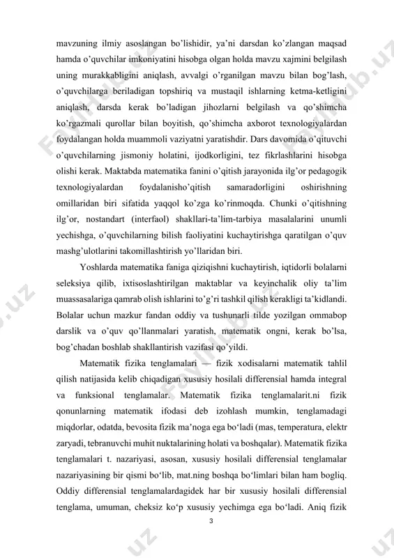 ilali differensial tenglamalar nazariyasining bir qismi boʻlib, mat.ning boshqa boʻlimlari bilan ham bogliq. oddiy differensial tenglamalardagidek har bir xususiy hosilali differensial tenglama, umuman, cheksiz koʻp xususiy yechimga ega boʻladi. aniq fizik masala yechilayotganda bu yechimlardan masalaning fizik maʼnosidan kelib chiqadigan ayrim qoʻshimcha shartlarni qanoatlantiradigan yechimni ajratib olish zarur. bunday qoʻshimcha shartlar, asosan, chegaraviy shartlar (qarang chegaraviy masalalar) va boshlangʻich shartlar (qarang koshi masalasi) dir. matematik fizika masalasining yechimi mavjud, yagona va berilgan shartlar boʻyicha uzluksiz boʻlsa, (yaʼni masala shartlarining kichik oʻzgarishi natijasida yechim ham oʻzgarsa), masala korrekt qoʻyilgan deyiladi. matematik fizikaning korrekt qoʻyilgan masalalarini topish va ularni aniq yoki taqribiy yechimlarini tuzish matematik fizika tenglamalari t.ning asosiy mazmunini tashkil etadi. 18-asr oʻrtalaridan boshlab barcha mamlakatlarning yirik matematiklari bu masalalarni hal qilish bilan shugʻullanganlar. bu sohada soʻnggi paytda katta natijalarga erishildi. bunda rus olimlaridan i.g. petrovskiy, s.l. sobolev, m.a. lavrentyev, a.n. tixonov, a.v. bitsadze, oʻzbekistonlik matematiklardan m.s. salohiddinov, i.s. arjanix, t.j. …