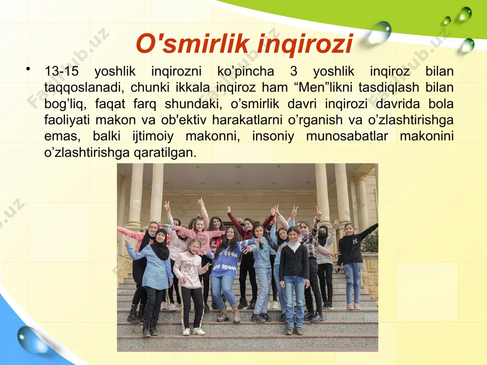 lik 10-11 yoshlardan 14-15 yoshlargacha bo’lgan davrni tashkil etadi. aksariyat o’quvchilarda o’smirlik yoshiga o’tish, asosan, 5-sinlardan boshlanadi. « endi o’smir bola emas, biroq kat t a ham emas» - ayni shu ta’rif o’smirlik davrining muhim xarakterini bildiradi. bu yoshda o’smir rivojlanishda keskin o’zgarigalar ro’y bera boshlaydi. bu o’zgarishlar fiziologik hamda psixologik o’zgarishlardir . fiziologik o’zgarish jinsiy yetilishning boshlanishi va bog’liq ravishda tanadagi barcha a’zolarning mukammal rivojlanishi va o’sishi, hu jayra va organizm tuzilmalarining qaytadan shakllana boshlashidir. organizmdagi o’zgarishlar bevosita o’smir endokrin sistemasi ni n g o’zgarishlari bilan bog’liqdir. bu davrda ichki sekretsiya bezlaridan biri gipoez bezining funktsiyasi faollashadi. o’smirning faoliyati organizm to’qimalarining o’sishi va muxim ichki sekretsiya bezlarining (qalqonsimon bez, buyrak o’sishi va jinsiy bezlar) ishlashini ko’chaytaradi. natijada bo’y o’sishi tezlashadi, jinsiy balogatga yetish (jinsiy organlarnint rivojlanishi, ikkilamchi jinsiy bezlarning paydo bo’lishi) amalga oshadi. pubertat davr tushunchasi pubertas - " etuklik , jinsiy etuklik ") - o'smirning tanasidagi o'zgarishlar jarayoni …