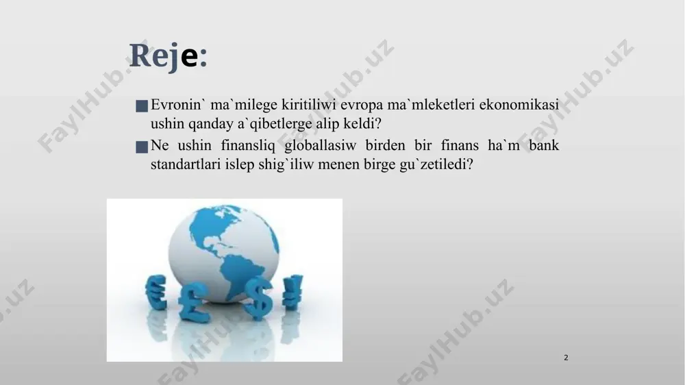 ki *= 1, 95583 gfr markası *= 166, 386 yanon peseta *= 6, 55957 frantsiya franki + 0, 787564 irlandiya funti *= 1936, 27 italyan lirasi *= 40, 3399 lyuksemburg franki *=2, 20371 gollandiya gul'deni *=13, 7603 avstriya shillingi *= 200, 482 portugaliya eskudosi *=5, 94573 finlandiya markasına teń qilip belgilendi «evro» zonasına to`mendegi talaplarǵa juwap bergen esh mámleketleri qoyiladi: 1. evs aǵzası bolıwı hám aqırǵı eki jıl dawamında valyuta kursi evs tárepinen ornatılǵan shegaradan aspawı kerek. 2. mámleket qarızı jionin` 60 % inen aspawı kerek. 3. byudjet defetsiti jionin` 3 % inen ko`p bolmawi kerek. 4. uzaq múddetli qarzlar boyınsha procent stavkaları eshindegi inflyatsiya súwreti kórsetkishlerden 2-ba`ntinen joqari qilib belgileniwi kerek. 5. inflyatsiya dárejesi esh ortasha inflyatsiya dárejesinden ko`bi menen 1, 5 % ge shekem ko`p bolıwı kerek. 1998 jıl dawamında bul ko`rsetkishler tiykarında «evro» zonasına to`mendegi 11 evropa mámleketi: avstriya, bel'giya,germaniya, irlandiya, ispaniya, italiya, lyuksemburg, niderlandiya, portugaliya, finlyandiya …