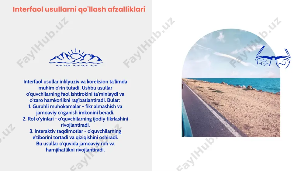 v jarayonida qo‘llaniladigan interfaol metodlar sifatida misol bo‘la oladi. masalan, tarix darsida talabalar tarixiy voqealar bo‘yicha muhokama olib borishlari yoki guruhlarda biror mavzu bo‘yicha tadqiqot qilishlari mumkin. 1 3 2 4 interfaol metodlarni amalga oshirish usullari interfaol metodlarni amalga oshirish uchun bir nechta samarali strategiyalar mavjud. birinchidan, talabalarning faol ishtirokini ta'minlash uchun guruh faoliyatlari va muhokamalar tashkil qilish zarur. ikkinchidan, texnologiyani integratsiya qilish, masalan, interaktiv taqdimot dasturlari va onlayn platformalardan foydalanish, ta'limni yanada qiziqarli va samarali qiladi. uchinchidan, o'qituvchi sifatida talabalarga qiziqarli va interaktiv muhit yaratish, o'qish jarayonida ularning motivatsiyasini oshirishda muhimdir. biroq, bu metodlarni amalga oshirishda duch kelinishi mumkin bo'lgan qiyinchiliklar ham mavjud. muammolarni hal qilish uchun o'qituvchilar o'z uslublarini doimiy ravishda takomillashtirib, sinf ichida muvozanatni saqlashlari zarur. xulosa inklyuziv ta'lim inklyuziv ta'lim har bir talabaning individual ehtiyojlarini inobatga oladi, bu esa ta'lim jarayonini yaxshilaydi. koreksion ta'lim koreksion ta'limda shaxsiy yondashuv muhimdir, bu o'ziga xos qiyinchiliklarga ega o'quvchilar uchun …
