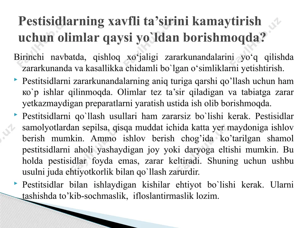 n ajralib turadi.. umumiy xulosalar 2.tadqiqotchilarning fikrlariga ko’ra sun’iy piretroidlarning yaqqol ko’zga tashlanuvchi asosiy xususiyatlari, ularning neyrotoksik ta’siri hisoblanadi. ammo, bu ularning issiq qonli hayvonlarga kursatadigan yagona ta’siri emas. ularning organizmga membratoksik, gepotoksik, lipidlar perikis oksidlanishining faollashuvi, metgemoglobinni hosil bo’lishi, xolinesteraza faoliyatiga qarshi ta’siri, bosh miya sinaptosomalaridagi gayokga, shuningdek immun qo’zg’atuvchi va hayvonlar reproduktiv faoliyatini buzuvchi ta’sirlarining mavjudligi fikrimizning dalilidir. demak bu xolatga asosiy e’tibor qaratish lozimdir. 3. sipermetrin preparatini o’zbekiston respublikasi veterinariya amaliyotida xavfsiz holda qo’llash maksadida, ularning toksikologik xususiyatlarini kompleks izlanishlar o’tkazish asosida xar tomonlama chuqur o’rganish va olingan natijalarni atroflicha taxlil qilib, haqqoniy baho berish bugungi kunda, muhim nazariy va amaliy axamiyat kasb etadi. 4.o’simliklarni zararkunanda va hayvonlarni kasalliklardan himoya qilish maqsadida o’zining ekotoksikologik o’lchamlari (kam me’yorda sarflanishi – 50-200 g/ga, joylarda ko’chuvchanligini pastligi, zararkunandalarga qarshi ta’sirining yuqori darajada biologik faolligi, issiq qonli hayvonlar organizmi uchun nisbatan kam zaharliligi va xavfining pastligi) bo’yicha o’ziga xos ijobiy xususiyatlarga …