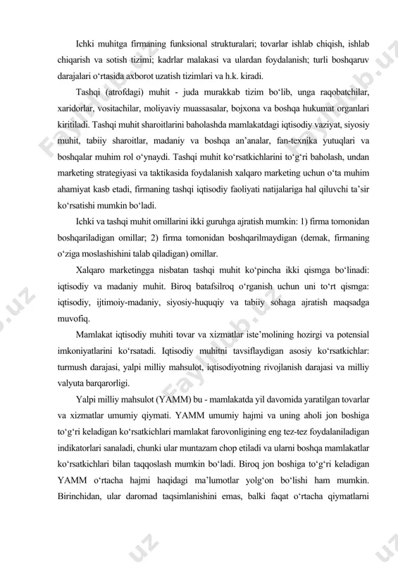 ashdir. mamlakatning iqtisodiy o‘sish darajasi ko‘p jihatdan xalqaro marketingdan foydalanish imkoniyatlarini belgilab beradi. eng kichik imkoniyatlar odatda rivojlangan mamlakatlarda bo‘ladi, biroq ularda aholi soni qoidaga ko‘ra, barqaror bo‘ladi, ko‘plab mahsulot turlarini sotish esa to‘yinish bosqichiga yetadi. rivojlanayotgan mamlakatlarda esa aholi soni tez o‘sadi va garchi, hozirgi paytda ularda import nisbatan kichik bo‘lsada, xalqaro marketing nuqtai-nazaridan eng uzoq muddatli istiqbolga aynan shu mamlakatlar ega. valyuta barqarorligi xalqaro marketingda albatta hisobga olinadi, chunki firmaning milliy valyutasiga nisbatan xorijiy valyuta kursining tebranishi tovarlar sotuvi va foyda hajmiga sezilarli ta’sir ko‘rsatishi mumkin. xalqaro marketing tadqiqotlari nazariy va amaliy faoliyatda ko‘pincha «marketing» va «marketing tadqiqoti» (marketing research, mr, mt) atamalari o‘rtasiga tenglik belgisi qo‘yiladi. bunday soddalashtirish doim ham o‘rni emas, chunki u butun marketing faoliyatida marketing tadqiqotlari ahamiyatining o‘ta muhim ekanligini ko‘rsatadi. marketing tadqiqoti bu - tijorat risklari va axborot noaniqligini pasaytirish maqsadida tovarlar va xizmatlar marketingi bilan bog‘liq ma’lumotlari sistematik ravishda to‘plash, qayd qilish …