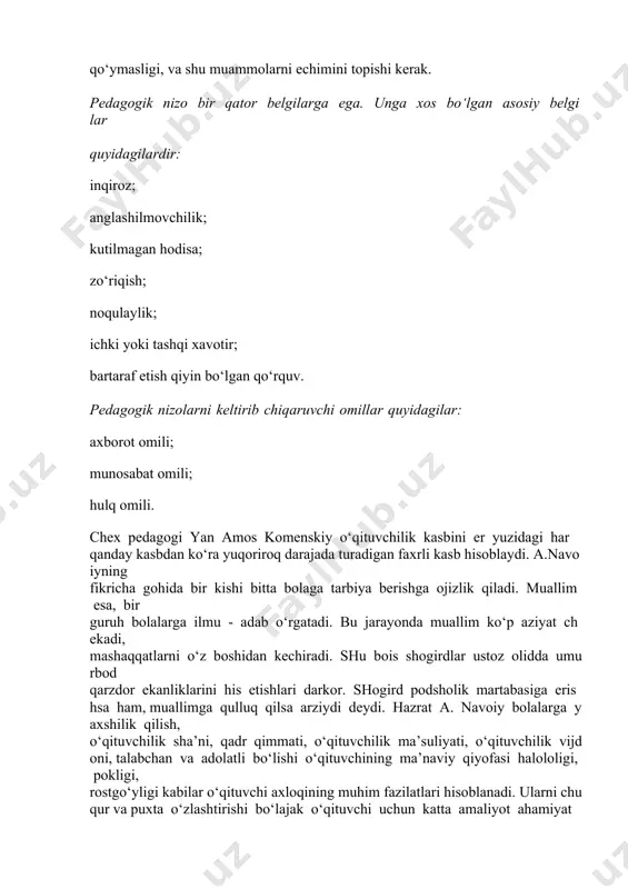 , bolalar jamoasida ijtimoiy-psixologik mexanizmlardan foydalanishni bilishi zarurdir. shaxs shakllanishida u yashayotgan muxit kishilar jamiyatning roli juda kattadir. birinchidan aytganda. ijtimoiy muhitdagi turli hodisalar odamning ongiga bevosita ta’sir qilib, unda chuqur qoldiradi. o‘qituvchi bolalarni psixikasini va xarakterini o‘rganadi. psixologiyada 4 ta temperament mavjud. har bir shaxs shu 4ta temperamentdan biriga ega bo‘ladi. 1. xolerik-temperament. 2. melanxolik temperament. 3. sangvinik temperament. 4. flegmatik temperament. pedagogik nizolarning asosiy turlari 1. ichki shaxsiy nizo. 2. motivatsion nizo. amalga oshirilmagan faoliyat nizosi. 3. axloqiy nizo. shaxslararo va guruhlararo nizolar. davomiyligiga ko‘ra pedagogik nizolar bir necha turlarga bo‘ladi. ularning asosiy turlari quyidagilardir: tezda yakun topadigan nizolar; kuchsiz, sust kechadigan nizolar; uzoq muddat davom etadigan nizolar; kuchli, tez kechadigan nizolar. pedagogika nizoning echimi va uni boshqarish texnalogiyasi pedagogik nizolar, ziddiyatlarni, to‘qnashuv, qarama-qarshilik mojorolarni pedagoglar va o‘quvchilar o‘rtasida yuzaga kelmasligi uchun o‘qituvchi ziddiyatlarini olidini ola bilishi lozimdir. zamonaviy tarzda biz nizolarni boshqarishimiz ziddiyatlarni munosabatlarini to‘g‘ri echimini topishimiz …