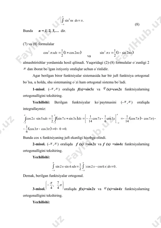 uksiz va shu oraliqda ekstremumga ega bo`lmasin. u holda, f(x) funktsiya uchun furye qatori oraliqning barcha nuqtalarida uzluksiz va x ning (-,) oraliqdagi barcha qiymatlari uchun qator yig`indisi f(x) dan iborat bo`ladi. oraliqning chetki ikkala nuqtalarida yig`indi , ya`ni f (-) va f (+) larning o`rta arifmetigiga teng bo`ladi. misol. f (x)= x funktsiya berilgan bo`lsin. bu funktsiya (-,) yopiq oraliqda uzluksiz va ekstremumlarga ega bo`lmasin. yechilishi: funktsiyaning furye qatordagi koeffisiyentlar nollardan iboratdir. xakikatdan ham (1) bundagi birinchi qo`shiluvchi x=-x* almashtirishdan so`ng ko`rinishga kelib, ikkinchi qo`shiluvchi bilan yig`indisi nolga teng bo`ladi, ya`ni: an=0 (bunda n=0,1,2,…). (2) bn koeffitsiyentlar bo`laklab integrallash yordamida topiladi: (3) yoki (4) u holda, x uchun furye qatori quyidagi ko`rinishda bo`ladi: 5) teoremaga asosan oxirgi qator uzluksizdir. -< x < da uning yig`indisi quyidagiga teng bo`ladi: (6) x=± da yig`indi . qatorning barcha hadlari nolga aylanadi. da (6) formula leybnits qatoridan iborat bo`ladi, ya`ni: (7) 6. juft …
