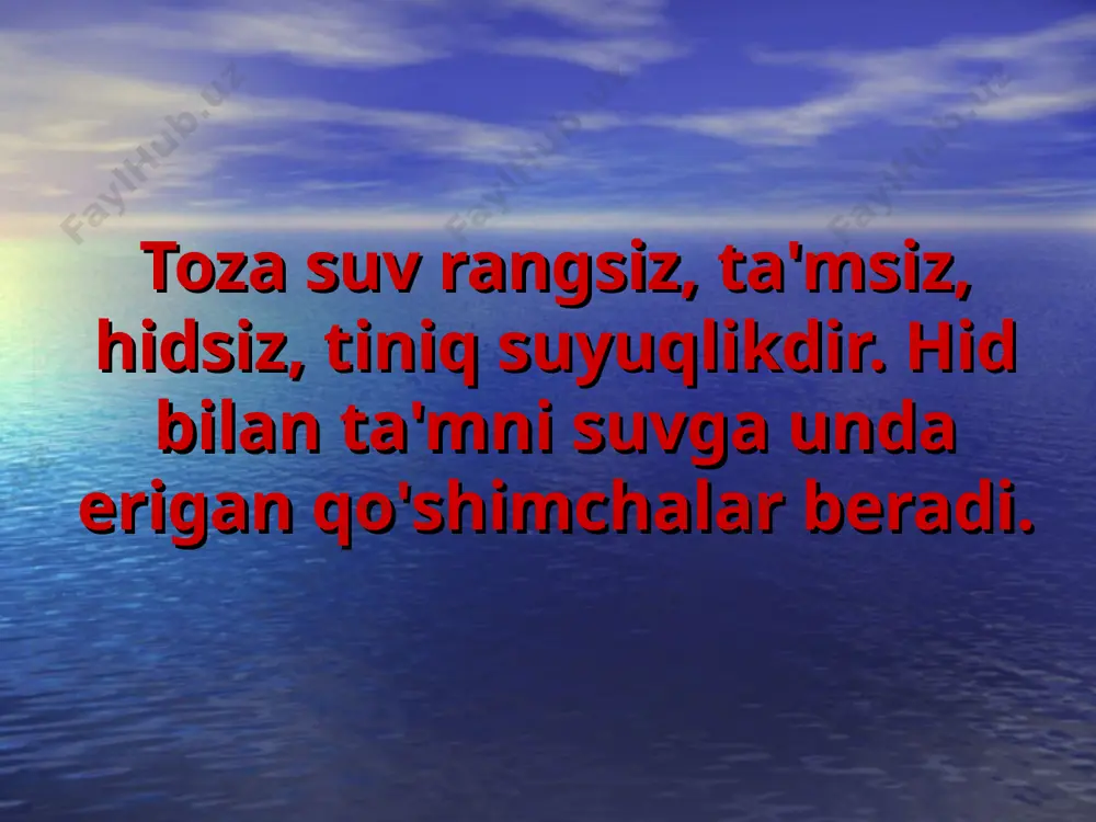 n ta'sirlashmaydi. suvni fizik xossalarini aytib bering. suv qanday kimyoviy xossalarga ega? suvning quyidagi moddalar bilan reaktsiya tenglamalarini yozing. 1 mol suvdan vodorodni bir valentli metallar ko’p siqib chiqaradimi yoki ikki valentli metallarmi? mustaxkamlash uchun savollar uyga vazifa mavzuni o’qib, takrorlab kelish