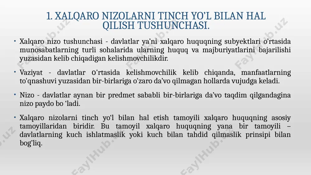 : iqtisodiy va diplomatik munosabatlarni to'liq yoki qisman uzish (bmt ustavning 41-moddasi). harbiy chora-tadbirlarga havo, dengiz yoki quruqlikdagi kuchlarining blokadasi va boshqa operatsiyalari kiradi (bmt ustavning 42-moddasi). tashkilotning har bir a'zosi o'zi ishtirok etayotgan ish bo'yicha xalqaro sud qarorini bajarish majburiyatini oladi (bmt nizomining 94-moddasi 1-bandi). sud amaliyoti: 1. naurudagi fosfat yerlari (nauru avstraliyaga qarshi), 26.06.1992 yil. вставьте изображение какого-либо географического объекта вашей страны. 9 bmt xalqaro sudi bmt xalqaro sudi tomonidan ko‘rilayotgan ishlarda faqat nizolashayotgan davlatlar taraflar bo‘lishi mumkin, unga ko’ra: shartnomalani sharhlash; xalqaro majburiyatning buzishilishi yuzasidan faktning mavjudligi; xalqaro majburiyatni buzganligi uchun to’lanadigan haqning xarakteri va qiymatlari. e’tiboringiz uchun rahmat ! вставьте изображение времени года в вашей стране. 10 image1.jpeg