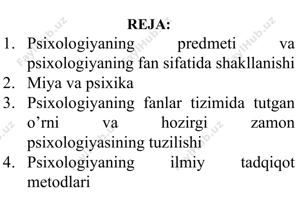 agi materiyaning (miyaning) xususiyati tushunilib, u ob'ektiv borliqni aks ettirilishida namoyon bo’ladi, sub'ekt faoliyatini ma'lum maqsad asosida yo’naltiradi hamda xulq-atvor negizida shakllanadi professor v.m.karimova fikricha psixika - inson ruhiyatining shunday holatiki, u tashqi olamni (ichki ruhiy olamni) ongli tarzda aks ettirishimizni, ya'ni bilishimiz, anglashimizni ta'minlaydi. psixologiyaning fan sifatida shakllanishi insonda jismoniy tanadan tashqari undan farqlanuvchi yana nimadir borligi haqidagi tasavvurlar qadimdanoq mavjud bo’lgan. eng qadimgi davrlardayoq inson tush ko’rish hodisasi orqali ayrim odamlarning noyob qobiliyatlari (masalan, ovdagi muvaffaqiyatlar) o’lim va boshqa hodisalarning sabablarini tushuntirishga intilgan. ammo dastlabki qarashlar mifologik xarakterda edi. ular fikrlash orqali emas, ko’r-ko’rona ishonch vositasida egallanardi. ruh haqidagi qarashlar ko’pincha nafas bilan bog’lanardi, ruhni esa uchar mahluq sifatida tasavvur etardilar. psixologiya haqidagi fikrlar qadim zamonlardan beri mavjuddir. ilk davrlarda psixologik xususiyatlarni jonning ishi deb tushuntirilgan. jonning o’zi esa odam tanasidagi maxsus ikkilamchi jism deb qaralgan. bunday tasavvurlar "animizm" deb ataladi. animizm so’zi -anima "jon" degan ma'noni anglatadi. …