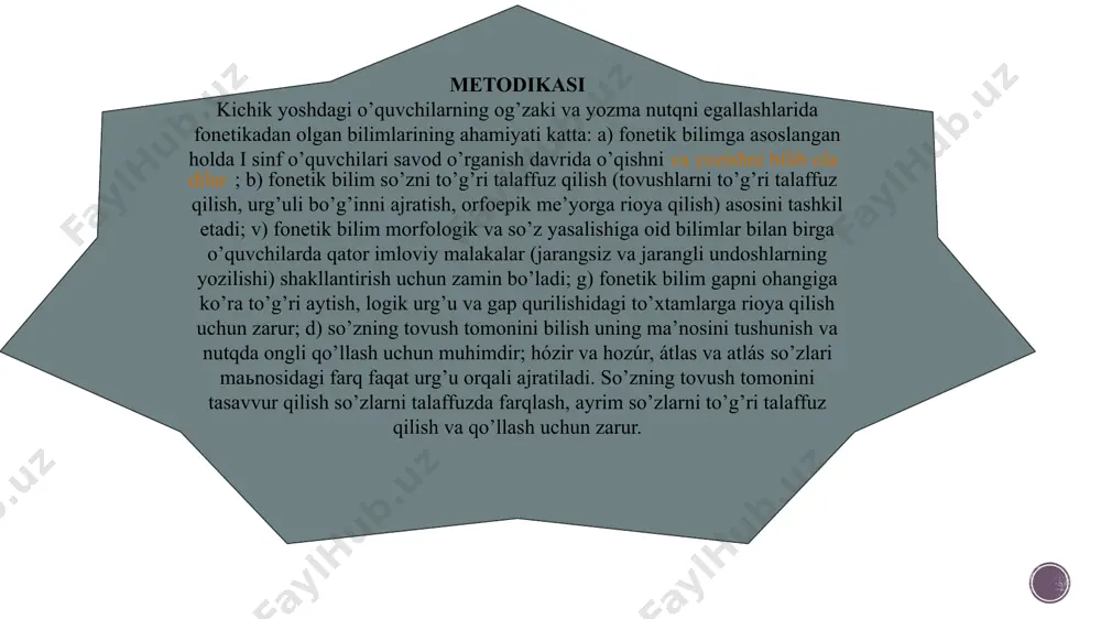 i sinf o’quvchilarida so’zni to’g’ri talaffuz qilish, bo’g’inlarga bo’lish, undagi har bir tovushni tartibi bilan aniq aytish ko’nikmasini shakllantirish ustida maqsadga muvofiq ishlash, o’z navbatida, analiz, sintez, taqqoslash, guruhlash kabi aqliy mashqlarni bilib olishga, shuningdek, tovushlarning tabiati, so’z tarkibida bir-biriga ta’siri kabi ayrim elementar bilimlarni o’zlashtirishga imkon beradi. i sinfda fonetika va grafikani o’rganishga katta o’rin beriladi, chunki o’quvchilar o’qish va yozish jarayonini shu sinfda egallaydilar. bu bilimlar keyingi sinflarda mustahkamlanadi, takomillashtiriladi. tovushlar va harflar, unli va undosh tovushlarning xususiyatlari bilan tanishtirish tovush murakkab tushuncha bo’lgani uchun boshlang’ich sinflarda unga ta’rif berilmaydi. shunga qaramay, bolalarda tovush haqida to’g’ri ilmiy tasavvur amaliy mashqlar yordamida hosil qilinadi. bunda yetakchi usul so’zdagi tovushlarniig talaffuzi hamda so’zning lek­sik ma’nosi so’zdagi tovushlarning tarkibiga bog’liqligi ustida kuzatish hisoblanadi. masalan, aka, uka, opa, ona, ota, kul, gul, qora, qara kabi bir unli yoki bir undosh bilan farqlanadigan so’zlar har xil lug’aviy ma’noni ifodalaydi. so’zning tovush tarkibi ustida …