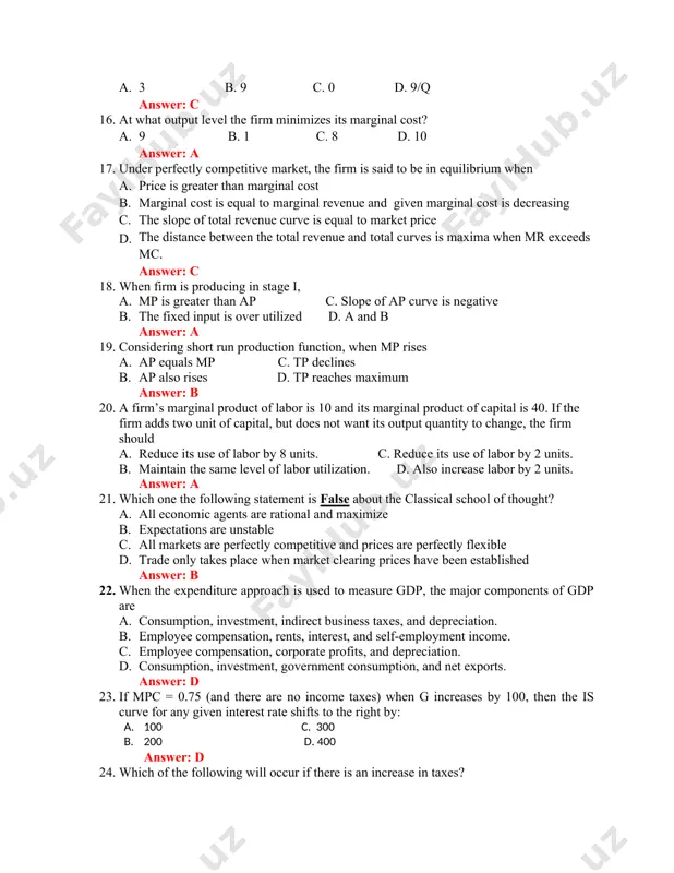 answer question number 15 & 16 consider the short run cost function of a firm is given by: ac = 1/3q2 - 5q + 9, where ac & q are average cost and output, respectively. 15. what is the average fixed cost of the firm? a. 3 b. 9 c. 0 d. 9/q answer: c 16. at what output level the firm minimizes its marginal cost? a. 9 b. 1 c. 8 d. 10 answer: a 17. under perfectly competitive market, the firm is said to be in equilibrium when a. price is greater than marginal cost b. marginal cost is equal to marginal revenue and given marginal cost is decreasing c. the slope of total revenue curve is equal to market price d. the distance between the total revenue and total curves is maxima when mr exceeds mc. answer: c 18. when firm is producing in stage i, a. …