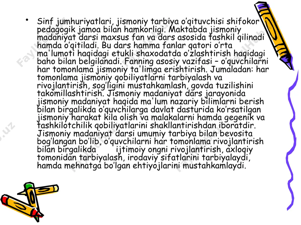 shu'balarni tuzishda mashg’ulotlarni uyushtirish soddaligi bilan farq qiladigan, qimmatbaho va murakkab jihozlarni talab etmaydigan, o’quvchilar ommaviyligini taminlaydigan, shug’ullanuvchilarning har tomonlama tayyorgarligiga imkoniyat yaratadigan, amaliy ahamiyatga ega hamda o’quv dasturi mazmuni bilan bog’liq bo’lgan sport turlariga asosiy o’rin bеrilmogi kеrak. shu'baga asosiy tibbiy guruh o’quvchilari «vrachdan mashg’ulotga ruxsatnoma olganlar» qabul qilinadi. saralash tanlovini o’tkazish maqsadga muvofiq emas, bu o’quvchilarning sport ixtisosligini tashlashini chеgaralaydi va sinfdan tashqari ishlarning vazifalariga zid hisoblanadi. image1.jpeg image2.jpeg image3.jpeg image4.png image5.jpeg /docprops/thumbnail.jpeg