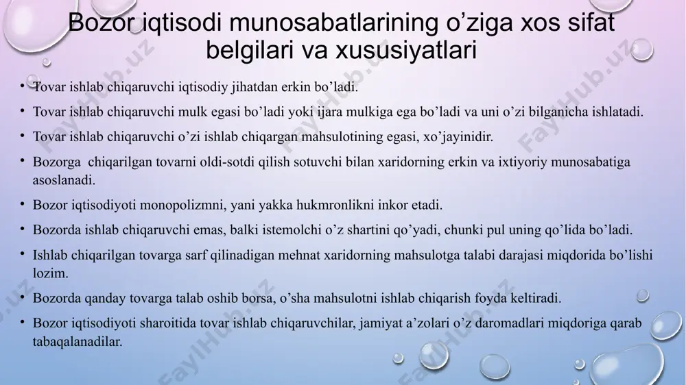 abul qilgan qonunlarga binoan va davlat raxbarligida oʻtkaziladi. iqtisodiy islohotlar evolyutsion rivojlanishni taʼminlaydi. xx asr oxiri va xxi asr boshlaridagi iqtisodiy islohotlar umumbashariy boʻlib, deyarli hamma mamlakatlarda oʻtkazildi. bozor iqtisodiyoti qaror topgan mamlakatlarda iqtisodiy islohotlar iqtisodiyotni erkinlashtirishga qaratilgan boʻlib, davlatning iqtisodiyotga aralashuvini cheklash, iqtisodiyot subyektlari mustaqilligini kuchaytirish, monopoliyalar faoliyatini nazorat qilish, erkin narxlarga yoʻl berish, xullas bozor mexanizmining toʻlaroq amal qilishiga sharoit yaratib berishga qaratildi. yangidan mustaqil boʻlgan yosh mamlakatlarda (sobiq sotsialistik mamlakatlar va sssr tarkibidagi respublikalar) iqtisodiy islohotlar 2 yoʻnalishda bordi: 1) milliy mustaqillikni iqtisodiy jihatdan taʼminlashni koʻzlagan islohotlar; birinchi yoʻnalish boʻyicha milliy pulni muomalaga kiritish, mustaqil bank, byudjet va soliq tizimlarini joriy etish, bojxona xizmatini tashkil qilish va milliy iqtisodiy chegaralarni oʻrnatish, ishlab chiqarish tuzilmasini oʻzgartirish kabilar amalga oshirildi. 2) rejali iqtisodiyotdan bozor tizimiga oʻtishga qaratilgan, yaʼni bozor islohotlari yoʻnalishlarida amalga oshirildi. ikkinchi yoʻnalish boʻyicha mulkni xususiylashtirish va davlat tasarrufidan chiqarish, bozor infratuzilmasini yaratish, rejali davlat narxlaridan erkin …