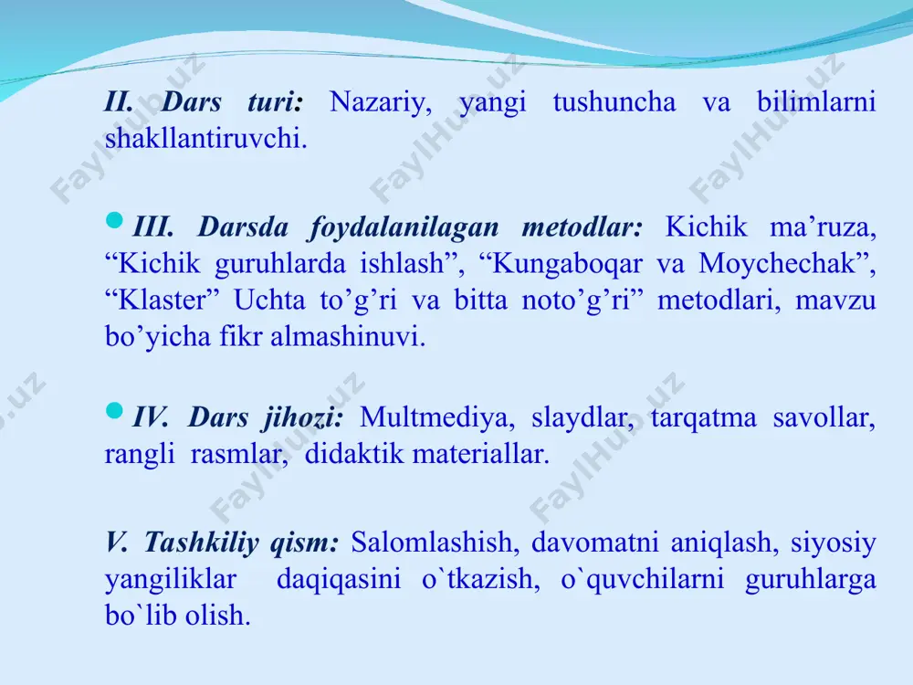 aksiyaga kirishadi: 3 fe+4h2o= fe3o4+4h2 suv bir qator kimyoviy jarayonlarni katalizlaydi: agar suv ishtirok etmasa «qaldiroq gaz» yuqori haroratda ham portlamaydi, is gazi kislorodda yonmaydi, xlor metallar bilan ta’sirlashmaydi, vodorod ftorid oyna bilan ta’sirlashmaydi, natriy va fosfor havoda oksidlanmaydi hamda xlor bilan ta’sirlashmaydi. muz bug’ suv suv haqida qiziqarli ma’lumotlar. yer shari yuzasining 71% ni suv qoplab turadi. sayyoramizdagi 1018 tonna suvning atigi 3% ga yaqini chuchuk suvdir. uning ham 80% foydalanib bo’lmaydigan daydib yuruvchi muz tog’lari, yer q’ridagi chuchuk suvlar v.b.lar kiradi. suvning tarkibida kalsiy va magniy ionlarining bo’lishi uning qattiqligini belgilaydi. dengiz va ocean suvalari qattiq suv, yomg’ir va qor suvlari hamda ayrim buloqlarning suvlari yumshoq suvga misol bo’la oladi. yerda suv ko’pmi? bir vaqtning o’zida juda ko’p va juda kam deb javob beradilar. nima uchun ko’pligi ravshan: yer yuzasida okeanlar, muzliklar, daryolar yomg’irlar v.h.lar mavjuddir. nima uchun kam? chunki bugungi kunda insoniyatning ehtiyoji sayyoramizda hosil qilinayotgan chuchuk …