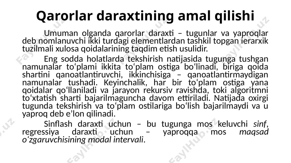 o‘lganligi sababli, entropiyani kamayishi axborotlilikning oshishini deyiladi. q alomat bo‘yicha (bizning misolda bu “” alomati) tanlanmani bo‘lishda axborotning oshishi (information gain, ig) ramziy ravishda quyidagicha aniqlanadi bu yerda – bo‘lishdan keyingi guruhlar soni, – tanlanmaning alomatining – qiymatga ega elementlari soni. entropiya mazmuni bizning holatda bo‘lish natijasida 2 guruh hosil bo‘ldi () – birida 13 elementlar (), ikkinchisida 7 ta (). axborot oshishi ko‘rinib turibdiki, sharchalarni “koordinata 12 dan kichik yoki teng” alomati bo‘yicha ikkita guruhga bo‘lish natijasida boshlang‘ichga nisbatan tartiblangan tizimga ega bo‘ldik. sharchalarni guruhlarga bo‘lishni davom ettiramiz, toki har bir guruhda bir xil rangdagi sharchalar hosil bo‘lmaguncha. 2-misol. futbol jamoaning keyingi o‘yinda g‘alaba qozonishi o’yin parametrlari: raqib turnir jadvalida yuqori o‘rindami; o‘yin uyda o‘tkaziladimi; raqib jamoasi yetakchi o‘yinchilaridan biri uchrashuvni o‘tkazib yuboradimi; o‘yin vaqtida yomg‘ir yog‘adimi. 2-misol. futbol jamoaning keyingi o‘yinda g‘alaba qozonishi 2-misol. davomi qarorlar daraxti xulosasining qoida ko’rinishi qarorlar daraxtida tavsiflangan bilimlarni produksiya qoyidalari ko’rishida yozish …