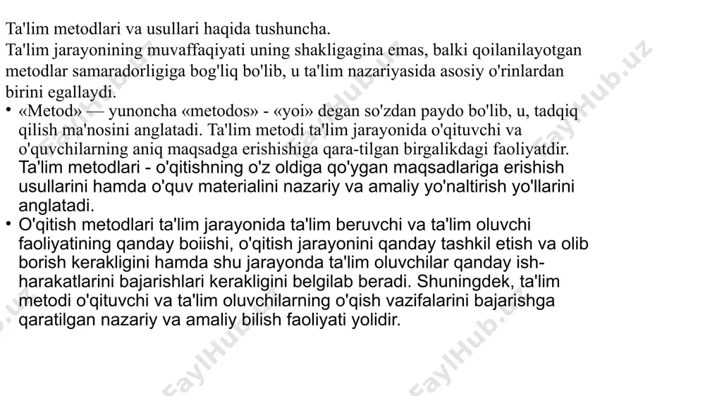 li rejalashtirilgan yoki moijailangan natijani berishi kerak. ta'lim metodlari va vositalarining tavsifi metodlar bir qancha asosiy guruhlardan iborat bo'lib, ularning har biri o'z navbatida kichik guruhlar va ularga kiruvchi alohida metodlarga bo'linadi. o'quv-biluv faoliyatini tashkil qilish va amalga oshirish jarayonining o'zi esa axborot uzatish, qabul qilish, anglash va o'quv axborotlarini esda saqlashni hamda olinadigan bilim va ko'nikmalarni amaliyotda qo'llay olishni nazarda tutishni hisob-ga olsak, birinchi guruh metodlariga so'z orqali axborotni uzatish va eshitish orqali qabul qilish metodlari og'zaki metodlar; hikoya, ma'ruza, suhbat va boshqalar; ikkinchi guruh metodlariga o'quv axborotlarini ko'rgazmali uzatish va ko'rish orqali qabul qilish metodlari — ko'rgazmali metodlar: tasviriy, namoyish qilish va bosh­qalar; uchunchi guruh metodlariga o'quv axborotini amaliy mehnat harakatlari orqali berish (amaliy metodlar, mashqlar, laboratoriya tajribalari, mehnat harakatlari va boshqalar) kiradi. demak, amaliyotda keng qo'llanilib kelayotgan ta'lim metodlarini quyidagi ko'rinishda ifodalash mumkin (1-shakl). ta'lim metodlari. ta'lim mеtodlari tarkibi. ta'lim mеtodlari tarkiban o’qitish mеtodlari va o’qish mеtodlaridan …