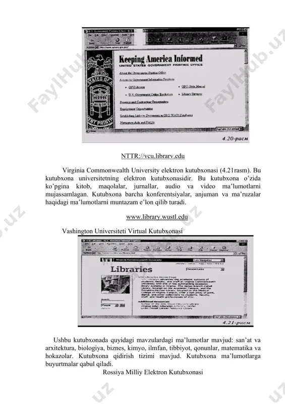 alanish mumkin. kutubxona rossiyadagi eng yirik ommaviy siyosiy va yangiliklar serveri xisoblanadi. moliyaviy informatsiyalar agentligi virtual kutubxonasi. 2000 yilda yevrosiyo fondining moliyaviy ko’magi yordamida tashkil etildi. virtual kutubxona biznes jurnalistlar va ommaviy informatsiya vositalari mutaxassislarini informatsiya bilan ta’minlash uchun yaratilgan. kutubxona informatsiyani olish, yig’ish va uzatish uchun zamonaviy kompyuter va informatsion vositalar bilan ta’minlangan. virtual kutubxona zamonaviy usullarda informatsiya tarqatadi. virtual kutubxona kitobxonlarga respublikamizda va horijda yuz berayotgan zamonaviy texnologiyalar, hamda iqtisodiy jarayonlar haqida ma’lumotlar olish uchun maxsus to’plamlar yaratilgan. internetda elektron ish birjalari mavjud. elektron birja yordamida o’zingizga ish yoki ishchi topishingiz mumkin. buning uchun maxsus elektron birja sahifalari mavjud. odatda o’zingizga mos ish topish uchun gazetalardagi e’lonlardan foydalanasiz, yoki korxonalarga va mehnat birjalariga borasiz. bunda son­sanoqsiz e’lonlarni o’qib va tahlil qilib o’zingizga mosini topishga harakat qilasiz. undan keyin topilgan manzilga qo’ng’iroq qilasiz. uchrashuvga borasiz, o’zingizni tanishtirasiz. bu jarayon ish beruvchi va ish qidiruvchidan anchagina harakat va vaqt talab …