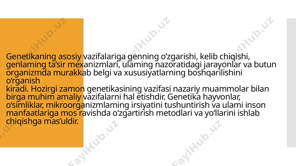 lib kelishi mumkin. irsiy kasalliklaming sababini bilish yoshlik davrda kasallik rivojlanishini oldini olish va davolash metodlarini ishlab chiqish imkonini beradi radiatsion genetikaning rivojlanishi koinotda olib borilayotgan tadqiqotlar tufayli muhim o‘rinni egallaydi. koinotga uchishda inson irsiyatiga turli nurlar ta’sir etishi mumkin. binobarin koinot genetikasining yana bir muammosi koinot nurlanishi xavfliligini genetik tomondan baholash va uning oldini olish tadbirlarini yaratishdan iboratdir. muntazam radiatsion nurlanish ta’sirida bo‘lgan odamlar avlodida nuqsonli bolalar tug‘ilish ehtimoli birmuncha yuqori boiadi. antibiotiklar yaratilishi va mikroorganizmlar genetikasi paydo bo’lgandan so’ng genetika farmatsevtika sanoatida muhim o‘rin tuta boshladi. oxirgi yillarda genetika fani oldida hayvonlar va insonlarni oziqlantirish uchun aminokislotalarni ishlab chiqarish muammosi turibdi. bu muammoni aminokislotalami yuqori darajada ishlab chiqaruvchi yangi organizmlami hosil qilish yo‘li bilan hal etish mumkin. oits (orttirilgan immunitet tanqisligi sindromi), saraton kasalligi juda xavfli kasallik bo‘lib, mutaxasislaming fikricha bu kasalliklar hujayralarning irsiy apparati o‘zgarganda yuzaga keladi. bu kasalliklarga qarshi samarali kurash choralarini ishlab chiqish nihoyatda dolzarb …
