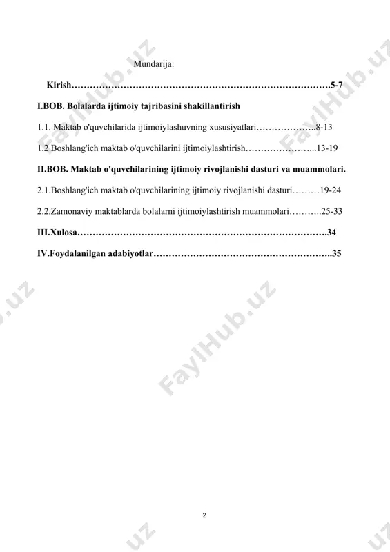 i, tadqiqot predmeti va asosiy kategoriyalari haqida nazariy bilimlar berish. bolani ijtimoiylashtirishning asosiy omillari va qonuniyatlari haqida yaxlit tasavvurlarni shakllantirish. ijtimoiy - pedagogik faoliyatning o‘ziga xosliklari va uning gumanistik yo‘nalganligini yoritib berish. turli toifadagi bolalar bilan ijtimoiy - pedagogik faoliyat olib borishning asosiy metod va shakllarini o‘rganish va amaliyotda qo‘llay olishga o‘rgatish. kurs ishining ob’yekti: bolani ijtimoiylashtirishning asosiy omillari va qonuniyatlari haqida yaxlit tasavvurlarni shakllantirishda o’qituvchining ro’li juda muhim. ijtimoiy - pedagogik faoliyatning o’ziga xosliklari va uning gumanistik yo’nalganligini yoritib berish va turli toifadagi bolalar bilan ijtimoiy - pedagogik faoliyat olib borishning asosiy metod va shakllarini o’rgatadi, shuningdek bolalarni ko’proq vaqt davomida ijtimoiy tajribasini shakillantiradi. kurs ishining predmeti: maktabgacha ta’lim – ta’lim tizimining mustahkam poydevori bo‘lib, aynan shu davrda bolaning kelajakdagi barcha faoliyat turlarida muvaffaqiyatga undovchi umuminsoniy xislatlari shakllana boshlaydi. kichkintoyning shaxsiy faolligi ayniqsa, rasm chizish, qurish-yasash, musiqa va boshqa faoliyat turlarida takomillashib boradi. bunda bolaning oson o‘zlashtirishida faoliyat turlarining …