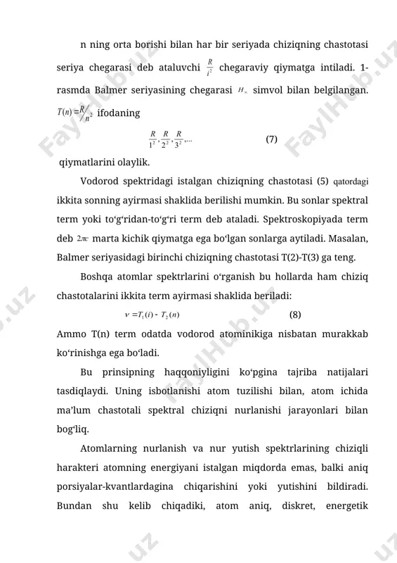 lgan ifodadan rn ni topamiz, ya’ni: (15) (15) formula vodorod atomining statsionar obitalari radiusi ifodasi deb ataladi. yadroga eng yaqin orbitaning n=1 radiusi quyidagiga teng: rb – birinchi bor radiusi va atom fizikasida u esa uzunlikni birligi bo‘ladi. endi atomdagi elektronning to‘la energiyasini e ni aniqlaylik. bu energiya elektronning orbita bo‘yicha harakatining kinetik enregiyasi ek va elektronning yadroga tortilish potensial energiyasi en ning yig‘indisidan iborat: ; ; (16) demak, elektronning to‘la enregiyasi manfiy va absalyut kattaligi jihatidan uning kinetik enregiyasiga teng. orbita radiusi (15) ifodasini (16) formulaga qo‘yib, quyidagini olamiz: (17) bu formulaga ko‘ra istalgan statsionar orbita uchun elektron energiyasini hisoblash mumkin. masalan, yadroga eng yaqin orbita uchun, n=1 quyidagini olamiz: (17) tenglamadan xulosa chiqadi. agar n=1 u paytda atom minimal energiyaga ega va asosiy energetik holatda joylashgan. n>1 bo‘lgan holatlar uyg‘onganlar deb ataladi. statsionar orbitada bo‘lgan elektronning to‘la energiyasi kattaligini atomning energiya sathi yoki energetik sathi deb ataladi. (17) …