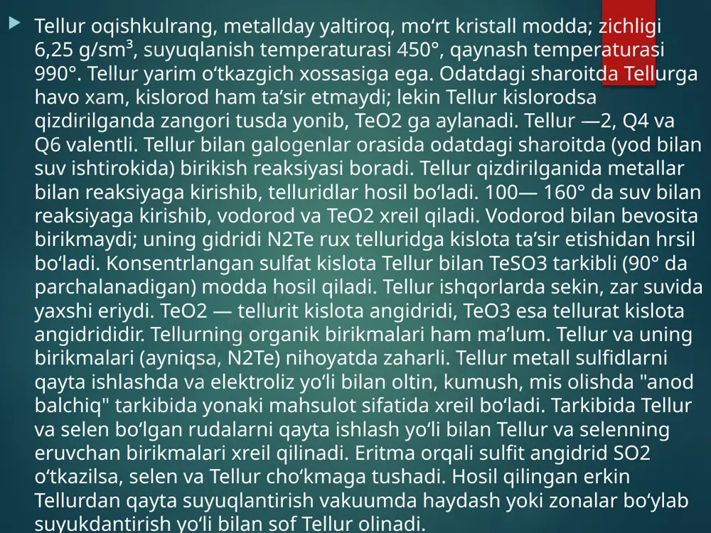 - selenidlar va telluridlar suvda va kislotalarda eruvchanligi jihatidan sulfidlarga o'xshaydi. selenidlar va telluridlarga kuchli kislotalar bilan ta'sir qilish orqali vodorod selenid va vodorod telluridini olish mumkin. selen va tellur havoda yoki kislorodda yondirilsa, normal sharoitda qattiq holatda bo'lgan va selen va tellur kislotalarning angidridlari bo'lgan dioksidlar olinadi. oltingugurt dioksididan farqli o'laroq, asosan oksidlovchi xususiyatga ega, erkin selen va tellurga osongina qaytadi, masalan: kuchli oksidlovchi moddalar ta'sirida selen va tellur dioksidlari mos ravishda selen va tellur kislotalariga aylanishi mumkin. image2.jpeg image3.jpeg image4.jpeg image5.jpeg image6.jpeg image7.jpeg
