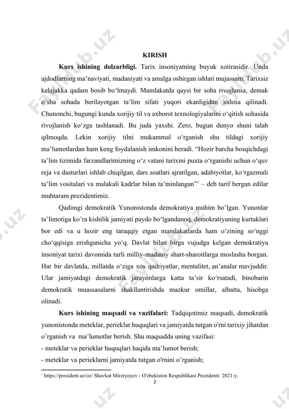 ng soʻnggi choʻqqisiga erishganicha yoʻq. davlat bilan birga vujudga kelgan demokratiya insoniyat tarixi davomida turli milliy-madaniy shart-sharoitlarga moslasha borgan. har bir davlatda, millatda oʻziga xos qadriyatlar, mentalitet, anʼanalar mavjuddir. ular jamiyatdagi demokratik jarayonlarga katta taʼsir koʻrsatadi, binobarin demokratik muassasalarni shakllantirishda mazkur omillar, albatta, hisobga olinadi. kurs ishining maqsadi va vazifalari: tadqiqotimiz maqsadi, demokratik yunonistonda meteklar, perieklar huquqlari va jamiyatda tutgan o'rni tarixiy jihatdan o’rganish va ma’lumotlar berish. shu maqsadda uning vazifasi: - meteklar va perieklar huquqlari haqida ma’lumot berish; - meteklar va perieklarni jamiyatda tutgan o'rnini o’rganish; kurs ishining tarkibi: kurs ishi kirish, 2 bob, xulosa va foydalanilgan adabiyotlar ro‘yxatdan iborat. i bob. gomer davridagi yunonistoni 1.1. yunonistonda demokratik hayot haqida ma’lumot afina demokratiyasi deganda 20 yoshdan katta, erkin tug'ilgan, to‘la huquqli afina erkaklari uchun xos boigan demokratiya to‘g‘risida so‘z borardi. ular aholining ozchilik qismini tashkil qilar edi. siyosiy huquqlardan, qullardan tashqari ayollar, boshqa viloyatlarda afinaga qochib kelganlar va afinada …