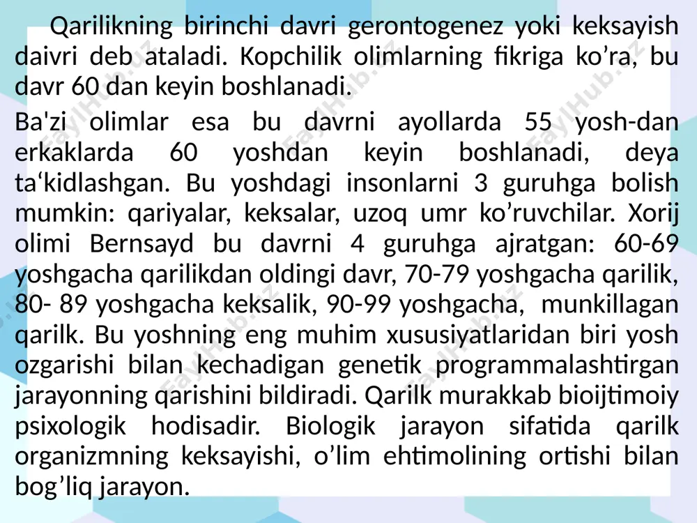 hi mumkin. qariyalarda ko’rish sezgirligining o’zgarishi ko’p jihat 4 ko’p vaqt talab etilgan. (baltes 1993). qariyalarda kognitiv jarayonlar o’zgarishiga bag’ishlangan tadgigotlarda operatsiyalarning bajarish tezligini yo’qotishni konpetsiyasi qilish mumkin. 1935- yilda s. salthouse tomonidan o’tqazilgan tadqiqotlarda qari mashinstkalar yoshlardan qolishmaydi. ularda reakiya vaqti va barmoqlarning sekin harakatlanishini kuzatish mumkin. tadqiqotchi eksperiment o’tkazish tartibini murakkablashtirib, mashinistka oldindan o’qib olishi mumkin bôlgan so’zlar sonini chegaralanganda, qari mashinstkalarning ish teztigi keskin pasayib ketgan, bu yosh mashinstkalarning ish tezligigа umuman ta’sir qilmagan. uzog muddatli xotirani o’rganishga test natijalarida yosh farqlari kuzatiladi. qator tadqiqotlarda qariyalar so’zlar qatorini qayta esga tushirishga qaraganda tanishga bo’lgan topshiriqlarni yashixroq bajarishi aniqlandi. ( kraik va mdowd, 1987).ular materialni xotirada saqlash uchun koproq tanlovchilikni namoyon qiladi. qariyalarda foydasiz so’zlar rôyhatini eslab qolish ichki isyonni keltirib chiqaradi. shu bilan bogliq ravishda manosiz so’larni eslab golishga bag’ishlangan tadqiqotlarda ular quyi natijalarini namoyon etilgan, manoli so’zlarni, qiziqarli iboralarni eslashda keksalar yoshlarga qaraganda tanishga bo’lgan topshiriq …