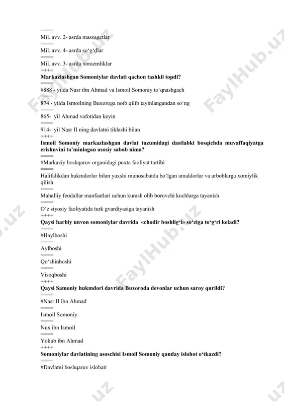 . avv. 4 asrdan milodiy 3 asrgacha ++++ "mir arab madrasasi" qachon va qayerda bunyod etilgan? ==== #xvi asr, buxoroda ==== xv asr, samarqandda ==== xiii asr, marvda ==== xiv asr, bog‘dodda ++++ qoraxoniylar davrida oddiy xalq qanday nom bilan atalgan? ==== #bulun. ==== ralyt ==== bek. ==== sart. ++++ qaysi davrda buxoro "qubbatul-islom" degan nom oldi? ==== #ix asr ==== x asr ==== xi asr ==== xii asr ++++ "zaynul-axbor" asarining muallifini aniqlang. ==== #gardiziy ==== tarobiy ==== beruniy ==== bayxakiy ++++ o‘z davrida "jorullox"-"alloxning qo‘shnisi" deb nom olgan alloma kim? ==== #maxmud zamaxshariy ==== marg‘inoniy ==== nafasiy ==== naqshbandiy ++++ o‘rta asrlar davrida savdo ishlari maskani savdogarlar va karvon xizmatchilari uchun oziq-ovqat olish joyi vazifasini bajargan joy? ==== #karvonsaroy ==== savdo rastasi ==== otalar choyxonasi ==== xonaqoh ++++ аrаb аlifbоsini lоtin аlifbоsigа o’tkаzish hаqidаgi qаrоr qаchоn qаbul qilingаn edi? ==== #1929 yildа ==== 1927 yildа ==== 1925 yildа …