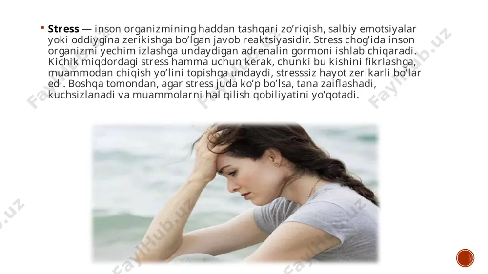 mumkin. bu uyqudan uyg’onish kabidir. ertalab ishlashga borish uchun avvalo yotoqdan turish va uyg’onishingiz kerak. ish faolligiga erishish uchun sizga turtki — kichik dozada adrenalin kerak. eustress aynan shu vazifalarni bajaradi. stressni davolash va oldini olish barchaga ma’lumki, yaxshi uyqudan ko’ra yaxshiroq dori yo’q. shunday ekan, siz qanday uxlashingiz haqida o’ylab ko’rishingiz kerak. stressli vaziyatni yengishda bir tekis va soki nafas olish yordam beradi. nafasni burun orqali chuqurroq olish kerak, chiqarishda esa sekin, og’iz orqali chiqarish kerak. stressda to’g’ri ovqatlanish ham muhim ahamiyatga ega. oziq-ovqat oson va yaxshi hazm bo’lishi kerak. stress bilan kurashishda xalq tabobati usullari bor. moychechak yaxshi ta’sirga ega. uning damlamasi bosh og’rig’i, uyqusizlik bilan kurashadi va tinchlantiruvchi ta’sirga ega. melissadan tayyorlangan choy uyqusizlik va depressiya uchun yaxshidir. image4.png image3.png image5.png image6.png image7.png image8.png image2.png /docprops/thumbnail.jpeg