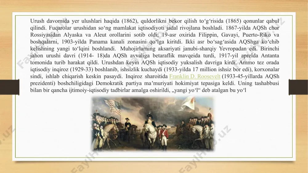 erikaliklari, muhojirlar va tub joy aholisidan iborat. aqsh aholisining 82,8 % ni asli kelib chiqishi yevropaliklar, 12,6 % ni afrikaliklar, 3,6 % ni osiyoliklar, 1 % ni hindular, eskimoslar, aleutlar tashkil etadi. aholining 80 % shaharlarda yashaydi. aqsh amerikaliklari millat sifatida asosan 18-asrning 2-yarmida yevropaning turli mamlakatlaridan kelgan muhojirlarning aralashib ketishi natijasida tarkib topgan. afroamerikaliklar („qoralar“ deb ata-luvchi negrlar) aqsh amerikaliklarining irqiy-etnografik guruhi boʻlib, ular 17-19-asrlarda mamlakatga keltirilgan afrikalik qullarning avlodlaridir. afroamerikaliklar koʻp asrlar davomida ayirmachilik va kamsituvga duchor qilinishiga qaramay, afrikaliklarning oq tanlilar bilan jismoniy aralashuvi sodir boʻldi. duragaylar afroamerikaliklar umumiy sonining anchagina qismini tashkil etadi. aqshda meksikanlar, italyanlar, nemislar, fransuzlar, shvedlar, norveglar, gollandlar, yaponlar, polyaklar, xitoylar va boshqaxalqlar ham yashaydi. aqshda 5 mingga yaqin oʻzbek istiqomat qiladi. ular asosan nyuyork, vashington, nyu-jersi shtatlarida, filadelfiya shahrida hamda mamlakatning boshqa shtat va shaharlarida yashaydi. ular turli kasb hamda tijorat ishlari bilan shugʻullanadilar. hozirgi amerikalik oʻzbeklarning ota-bobolari 1917-yilgi oktabr toʻntarishidan keyin …