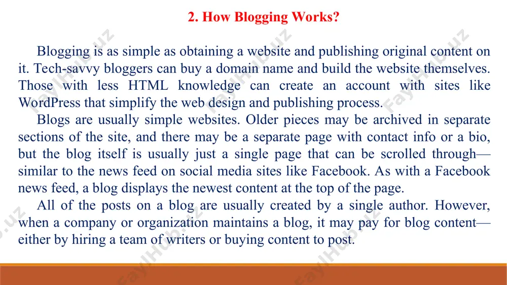 blog can complement an existing business, it's also a great way to add additional income streams to your home business. you can promote other companies' products and services in affiliate marketing. you can advertise or feed ad networks, such as adsense, on to your blog. if you have a service business you're promoting with your blog, you can create your own information products to complement it. or, if you have your own product, you can offer a service. 5. conslution. blogging is a shortened version of "weblog," which began as a diary-like outlet for early internet users. modern blogging is an expansive medium that incorporates written words, photography, videos, and all kinds of subject matters. businesses can use blogs to drive customers to their website, increase seo performance, or generate alternate streams of income. blogs are different than traditional websites because they're frequently updated, and they make it easier for …